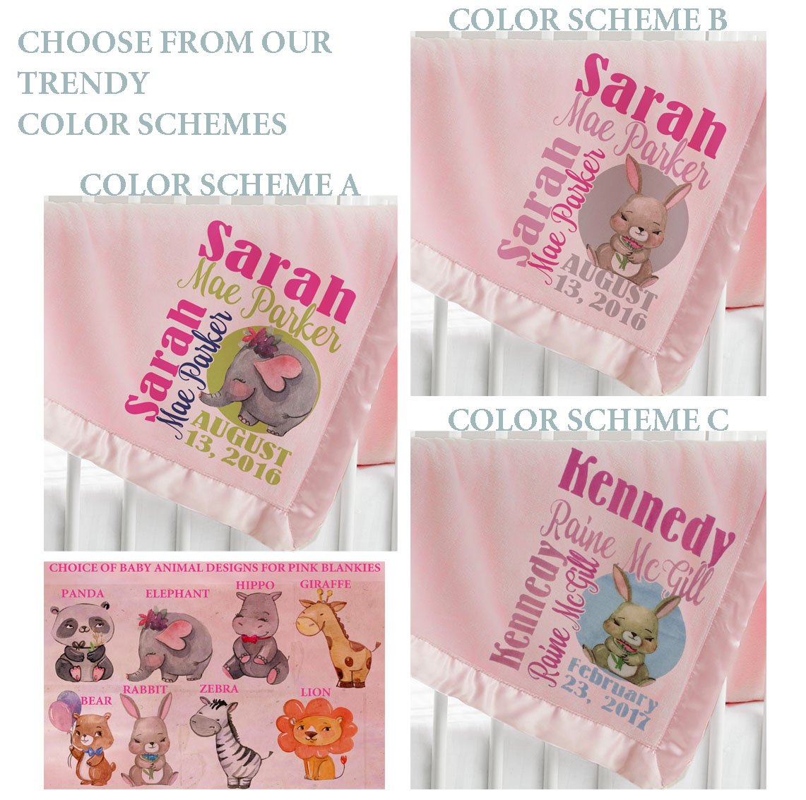 Personalized Baby Blanket (Pink - Personalized) Super Soft Micro Plush Fleece with Satin Trim with Name Elephant Giraffe Cute Animal Designs