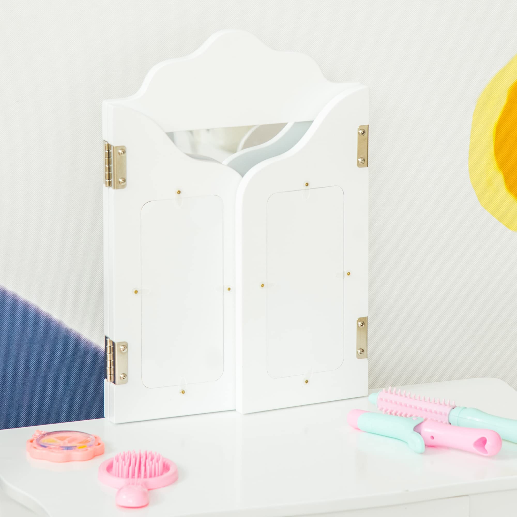 HOMCOM Coiffeuse Enfant avec Tabouret, Coiffeuse Bureau 2 en 1 Miroir triptyque et tiroir Coulissant - Coiffeuse dim. 63L x 40l x 85,5H cm - Blanc Acrylique