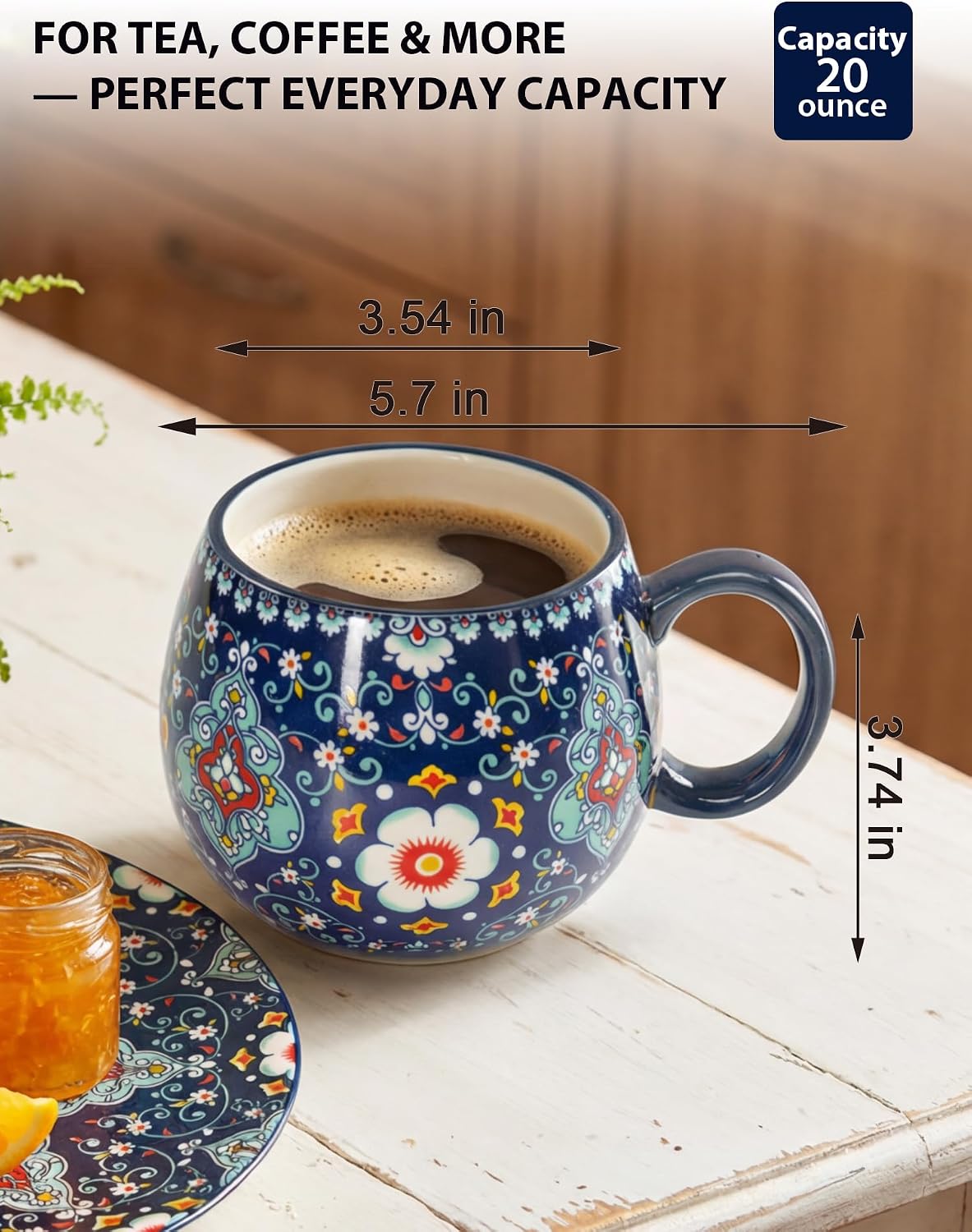 20 oz Coffee Mug, Large Boho Ceramic Coffee Cup - Midnight Blue