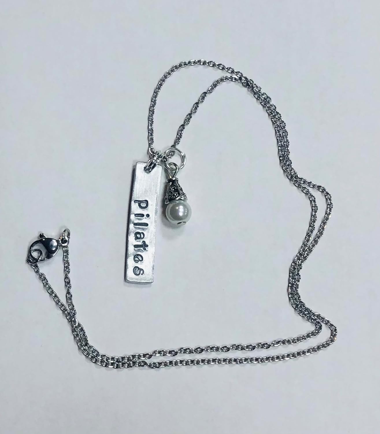 Pilates Necklace, Workout Handstamped Bar Necklace, comes on an 18 inch stainless steel link chain with pearl accent bead - Image 2