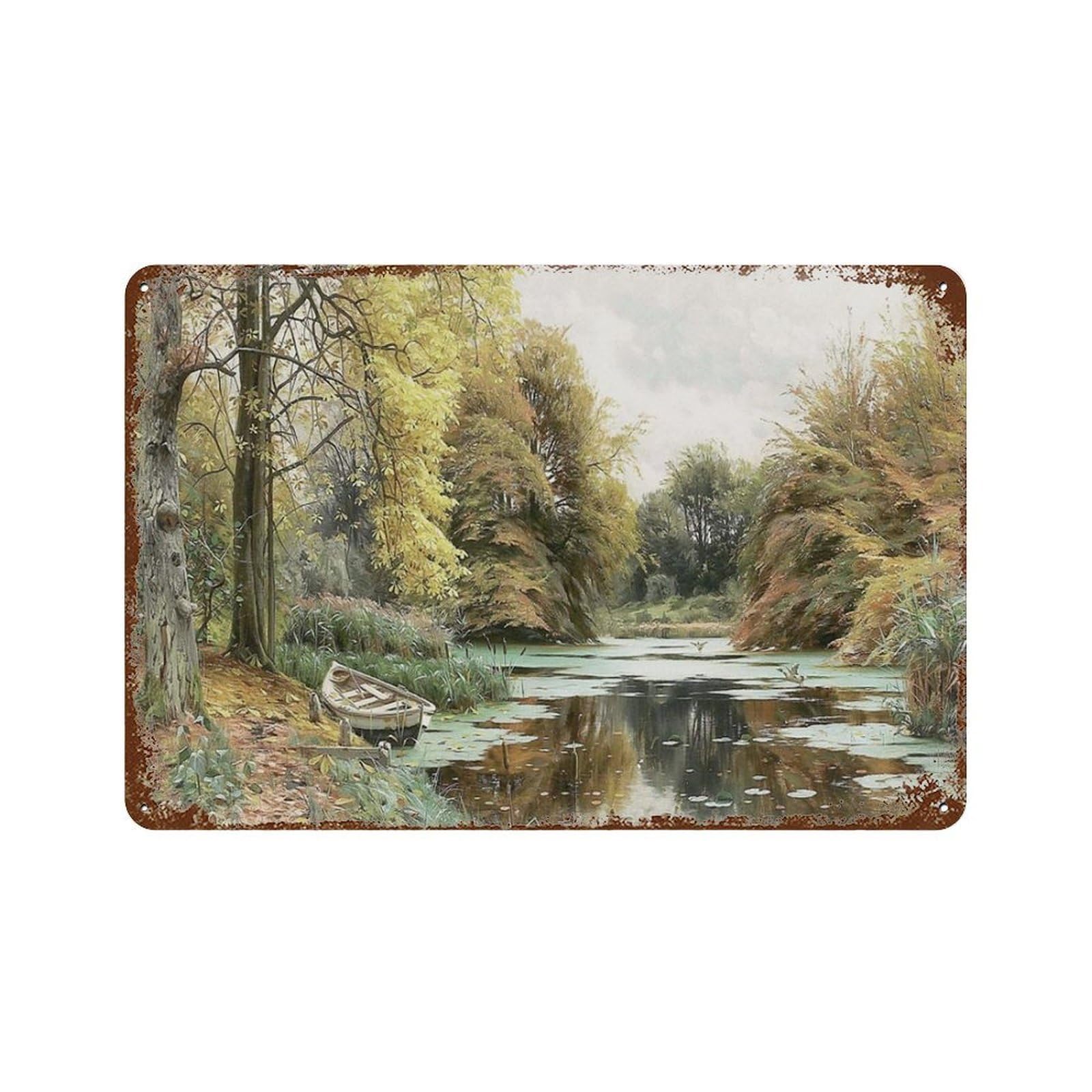 xiaoxiaoshen Autumn Forest, Landscape Fall Home, Seasonal, Muted Tones River Stream Work Wall Decor Art Metal Tin Poster Modern Home Decor Art Home Bar Shop Decorations Vintage Sign 20x30cm