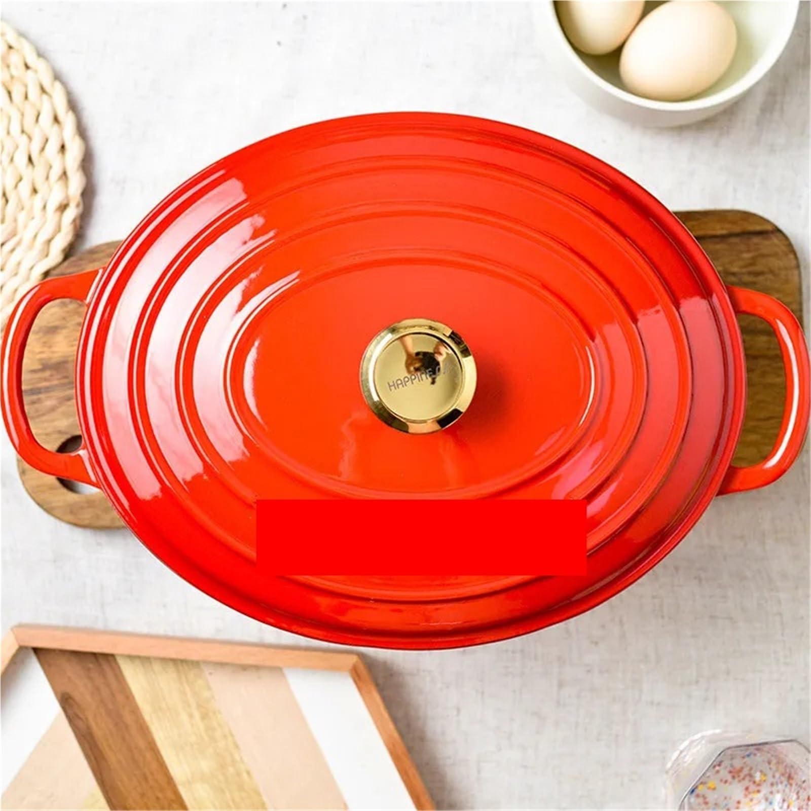 Olla De Hierro Fundido Horno ovalado de hierro fundido esmaltado 28 cm for estofar, asar, hornear pan, cacerola 5 l, utensilio cocina, cazuela(Red)