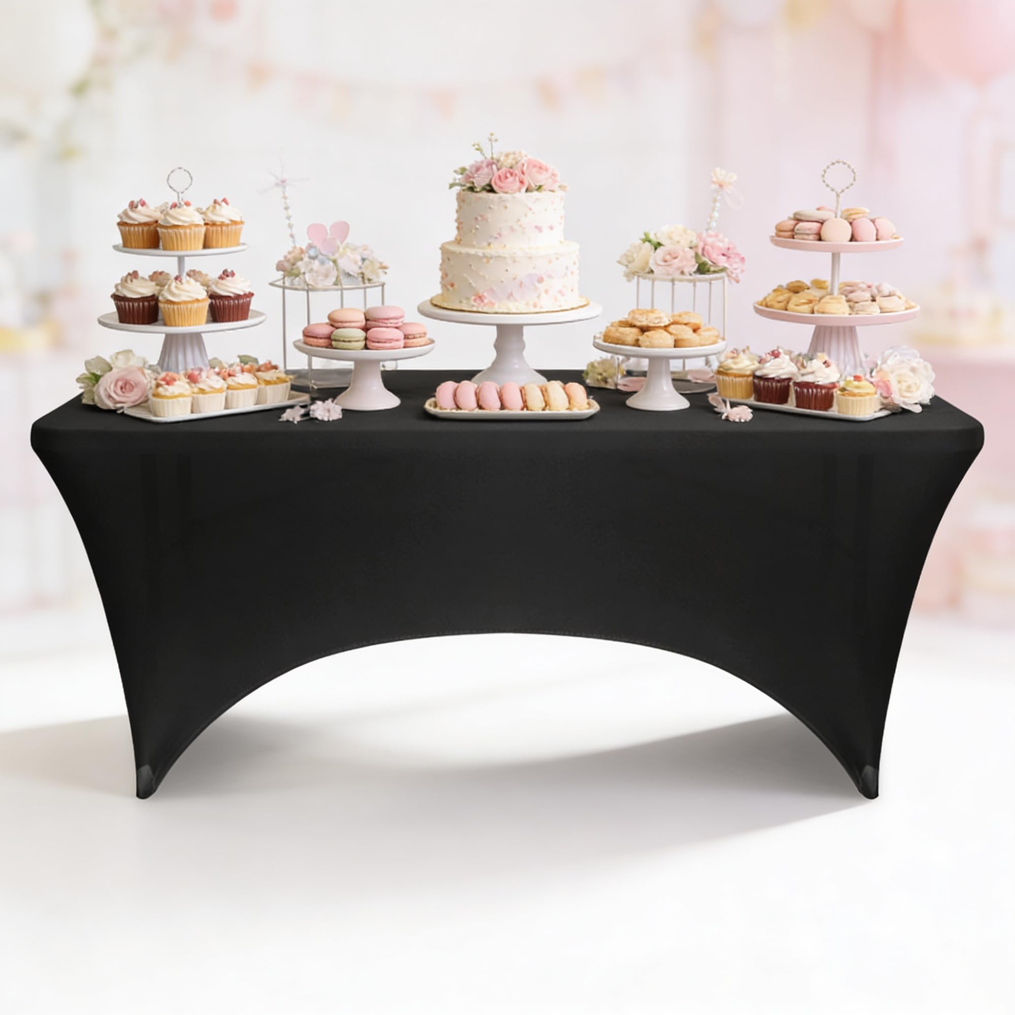 Event Decor Shop Mantel rectangular elástico negro de 8 pies, mantel de elastano elástico resistente para mesas de tartas de boda, bufés de catering, cabinas de DJ y decoración de eventos, 5 unidades