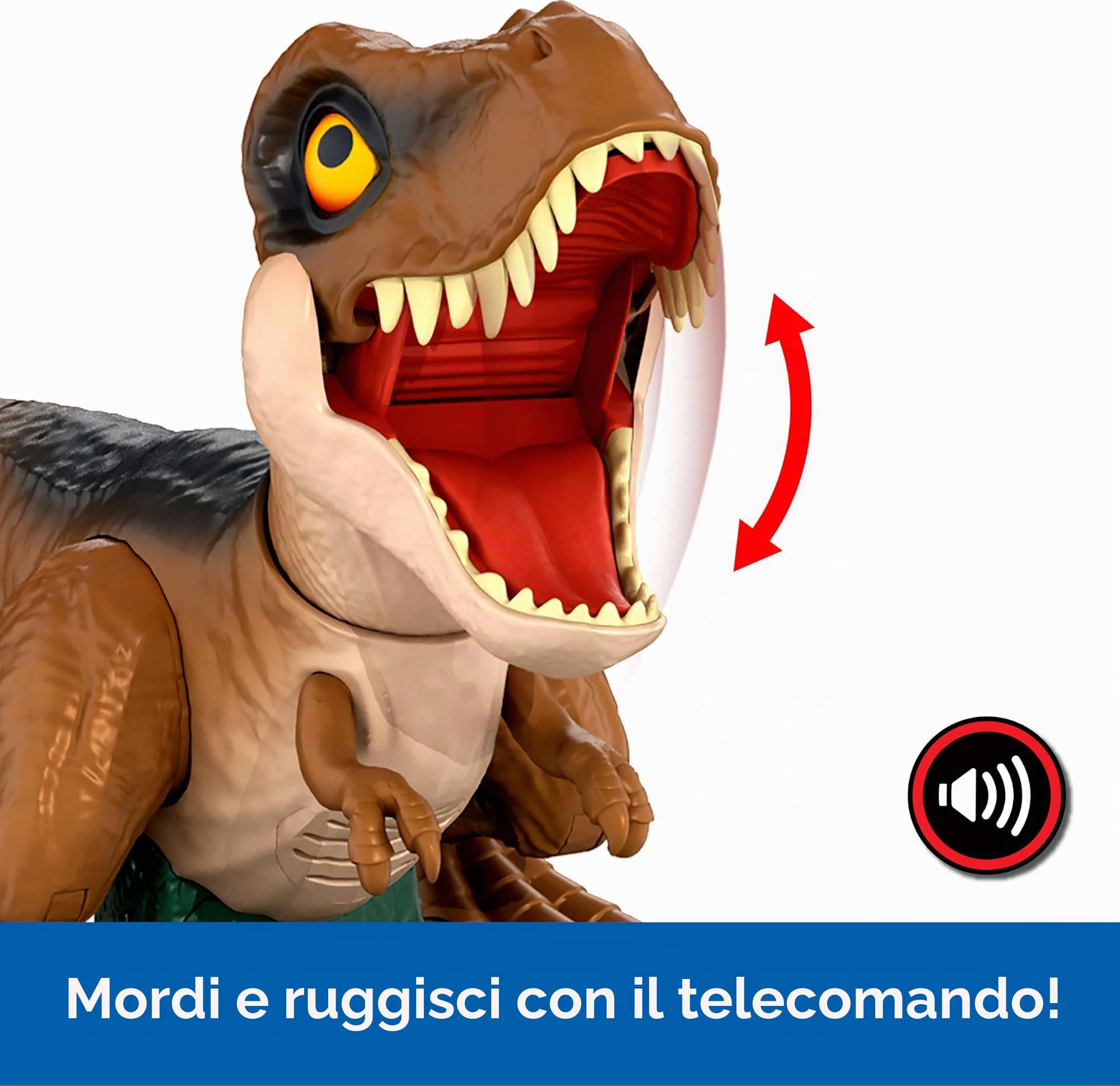 Mattel Jurassic World RC, dinosauro giocattolo Roarin' Frenzy T Rex con suono e 2 modalità, telecomando a tutte le funzioni, attacco o rotazione