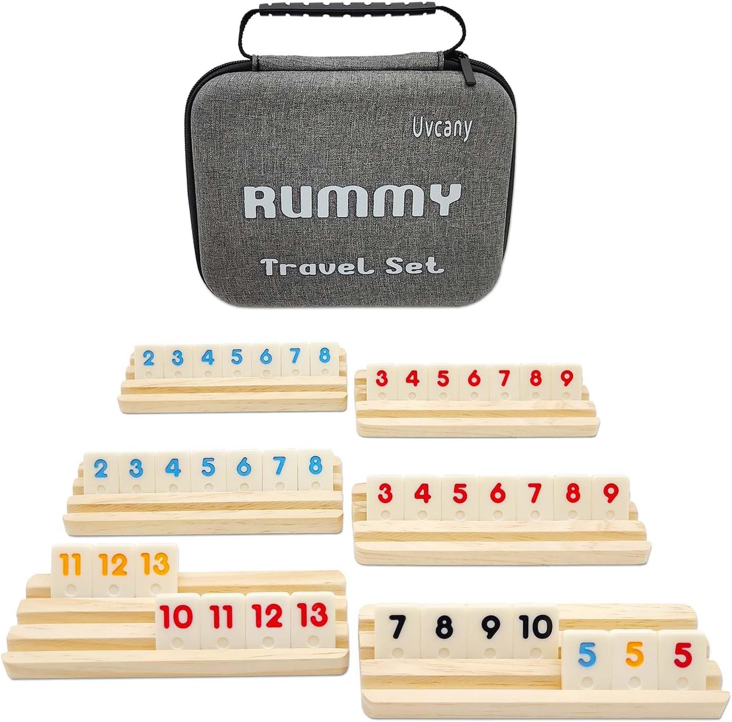 Mini Travel Rummy Cube Set with 6 Wooden Racks, 160 Rummy Cube Game Tiles Rummy Cube 6 Player Edition with Portable Case for Family Classic Board Games - Travel Edition