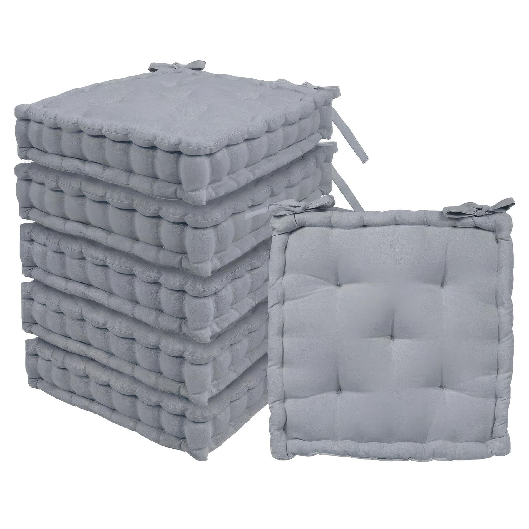 Harbour Housewares Square Seat Pads Pack of 6-40 x 40cm Extra Thick Cushions with Ties, Indoor Outdoor Chair Seat Pads for Dining Chairs, Garden, Patio & Bistro Seating - Grey