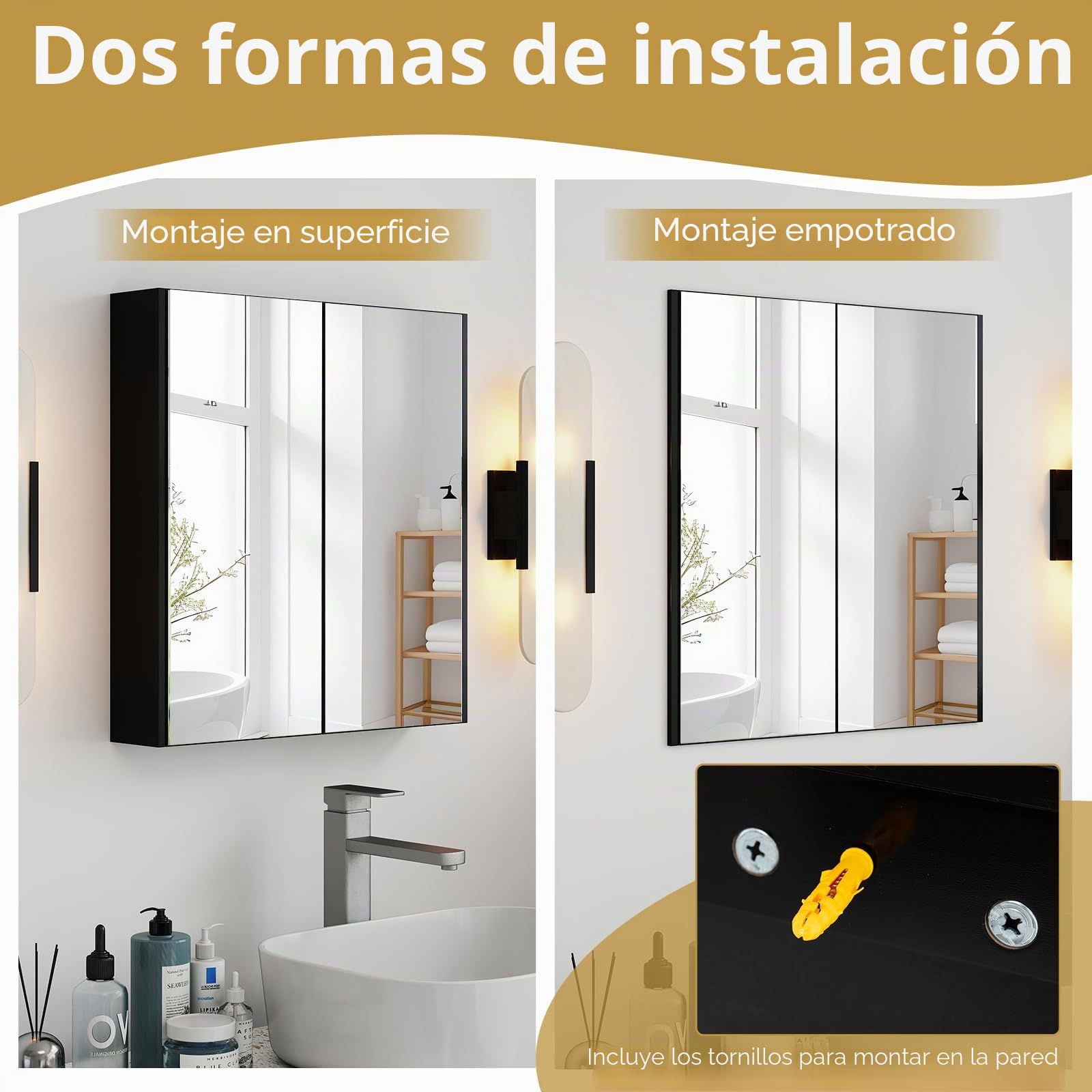 LIFEZEAL Armario con Espejo de Baño, Armario de Pared con 2 Puertas y 2 Estantes, Mueble de Inodoro Colgante, 62 x 11,3 x 65 cm, para Cuarto de Baño y Dormitorio (Negro)