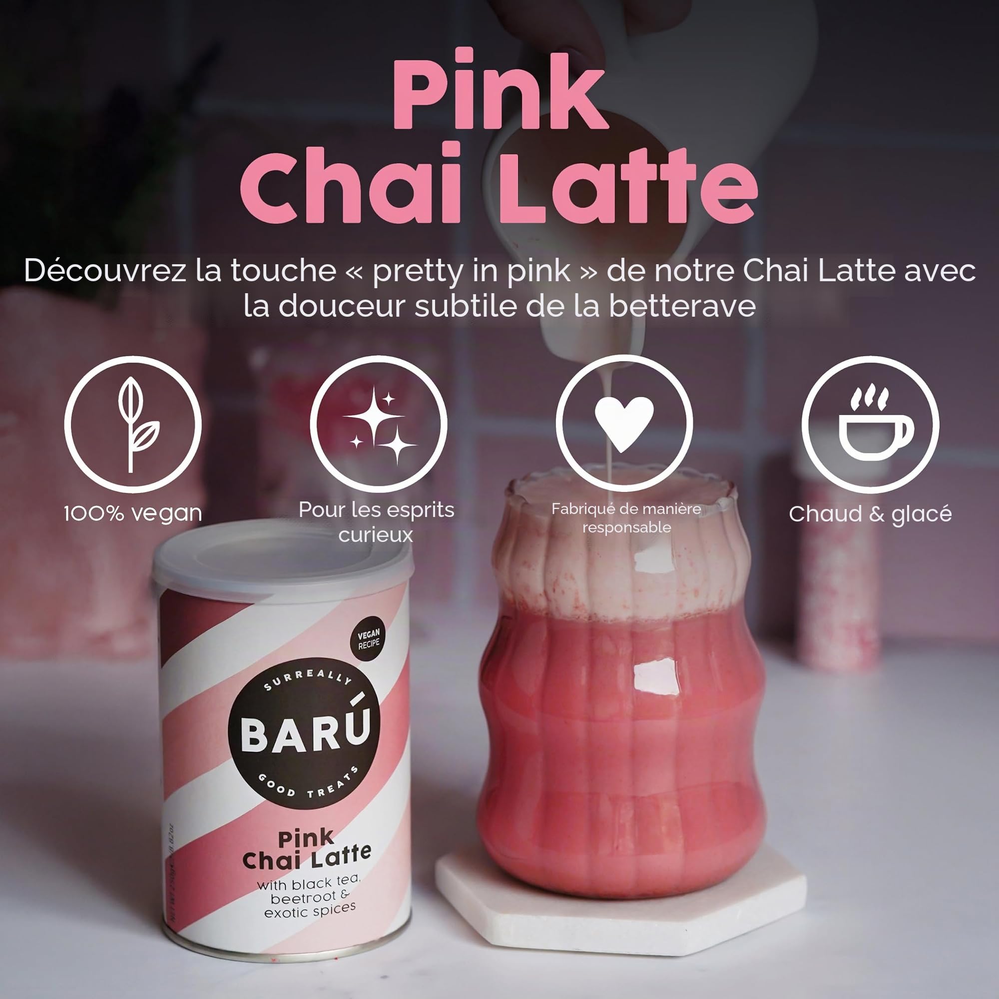 Barú Pink Chai Latte – Pack de 4 x 250 g – Préparation instantanée au thé noir, épices & betterave – Vegan, naturel, sans arômes artificiels – 48 tasses – Fait main en Belgique