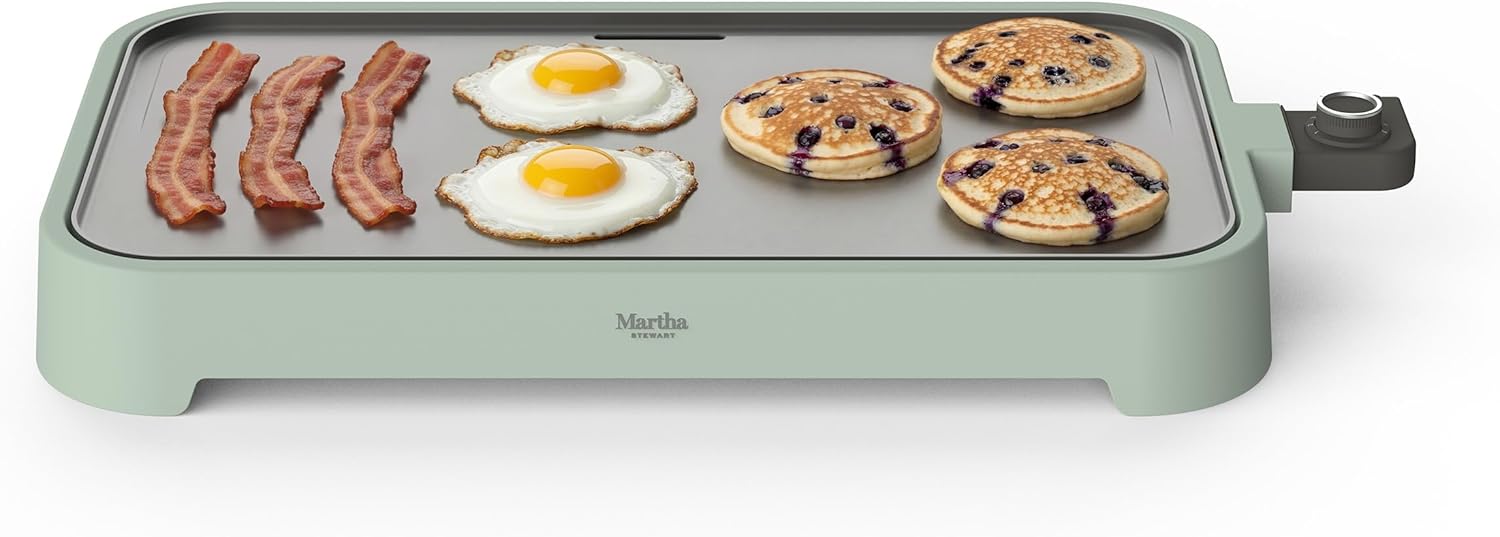 Martha Stewart 12” x 22” Electric Griddle, XL Ceramic Nonstick Flat Top Cooking Surface, Adjustable Temperature Dial, Drip Tray, Dishwasher Safe, 1500W Fast Even Heating, Pancakes & Eggs, Honeydew