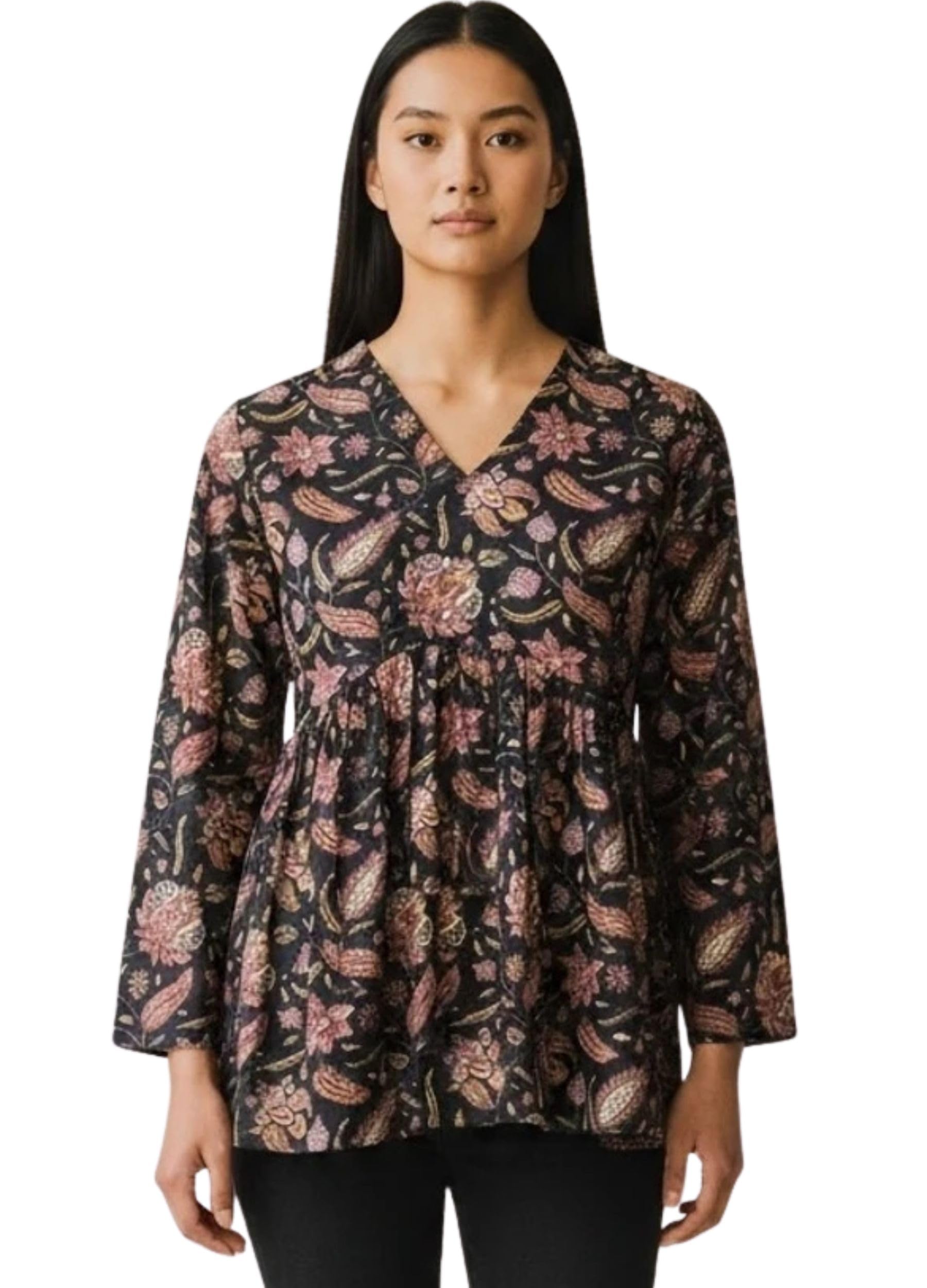 Women's Pure Cotton V-Neck 3/4 Sleeves Floral Print Flared Short Kurta for Casual Wear-picture-29