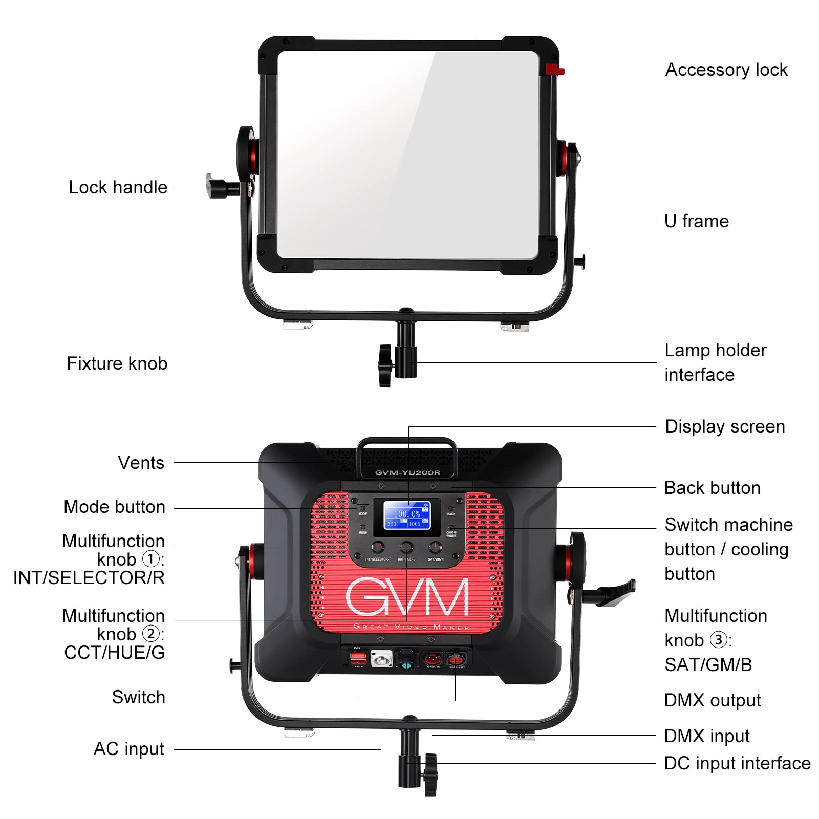 GVM - Lampada video a LED RGB, 200 W, controllo tramite app, illuminazione video a LED, 2700 K ~ 7500 K, CRI97+, luce da studio, luce continua, per video, YouTube, set da studio, matrimonio, 12 scene