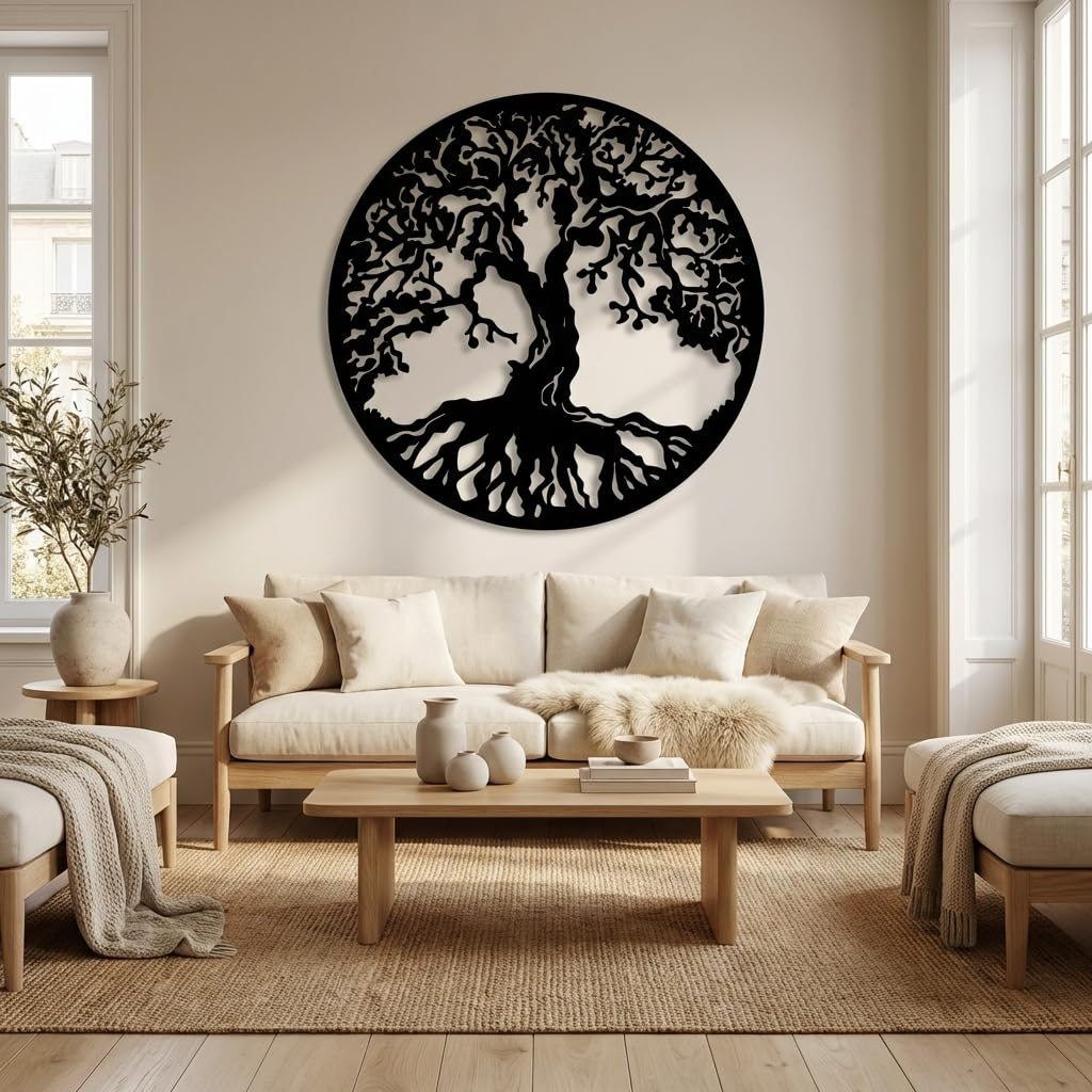 Baum des Lebens Wanddeko aus Metall – Schwarze Stahl-Wandkunst, 90 cm Rund, Indoor & Outdoor