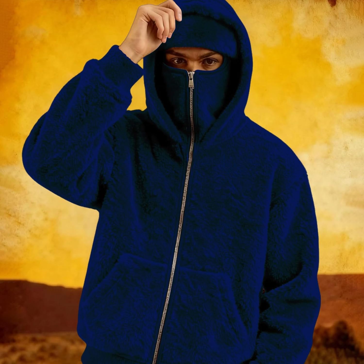 Mens Balaclava Hoodies Full Zip Double Layer Sherpa Fleece Hooded Sweatshirt with Built in Mask Face Covering Jackets