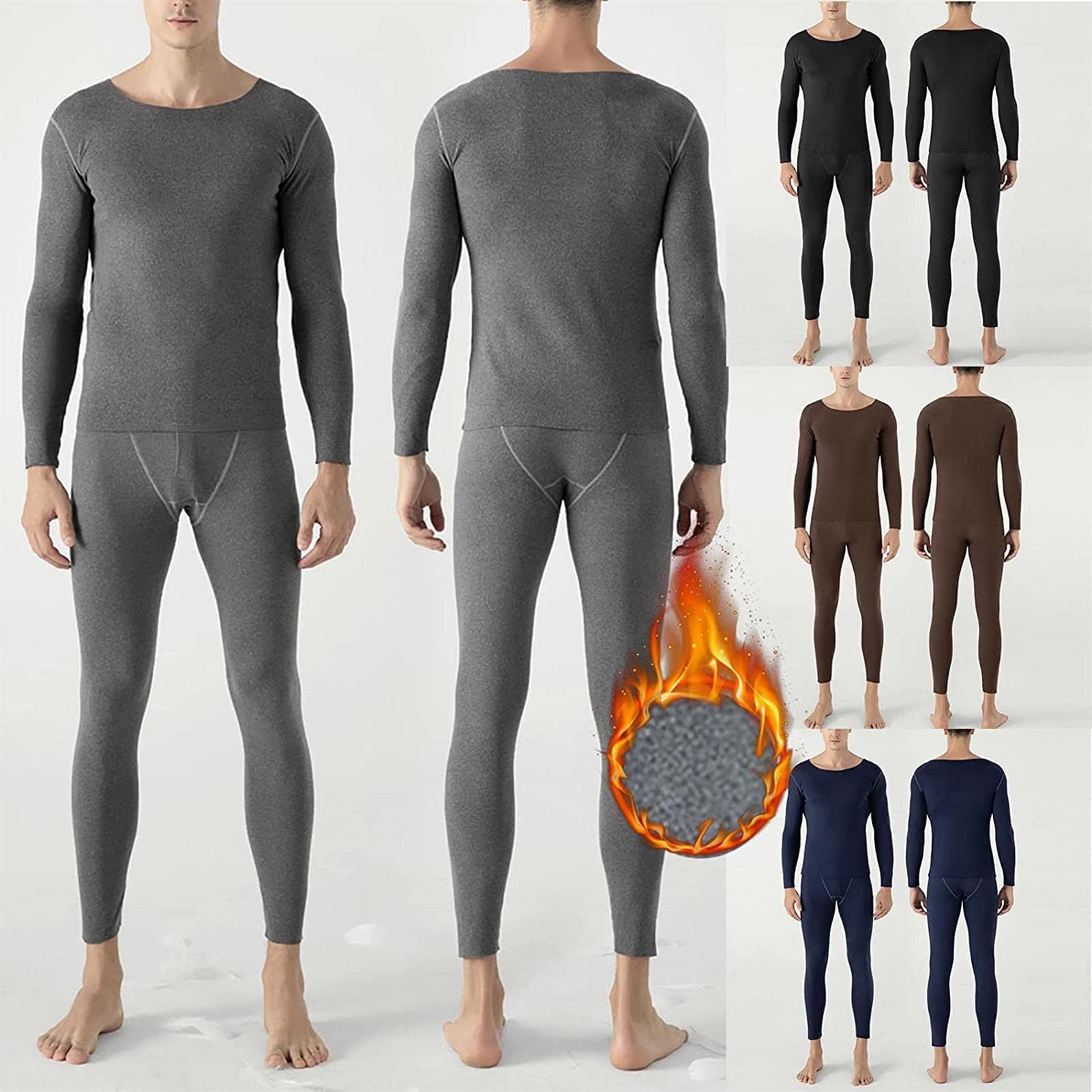 Set di Biancheria Intima Termica da Uomo Girocollo Manica Lunga Strato di Base Top Bottom Shirt Set di Pantaloni per Abiti Invernali (Grey Large)