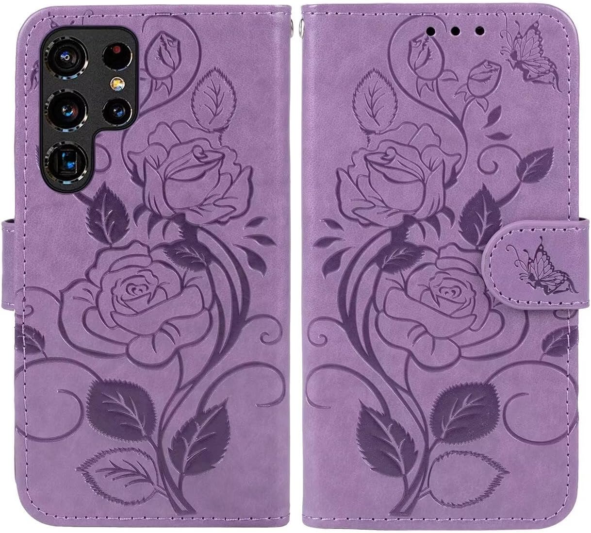 Case for Galaxy S22 Ultra/Samsung S22 Ultra 5G SM-S908U Wallet Case with Tempered Glass Screen Protector, Flower Leather Flip Credit Card Holder Stand Cover for Samsung Galaxy S22 Ultra Purple - Image 4
