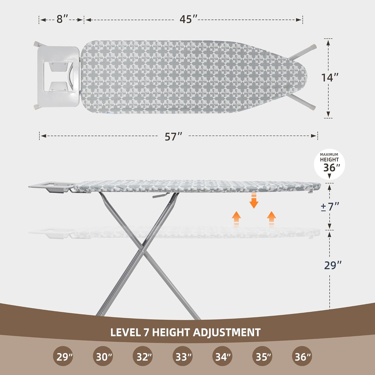 STO STO Ironing Board Full Size 45" x 14" with Iron Holder, 7 Height Options 29" to 36", Space Saving Foldable Iron Board with Removable Covers and Reinforced Steel Legs, Grayish Blue Plaid
