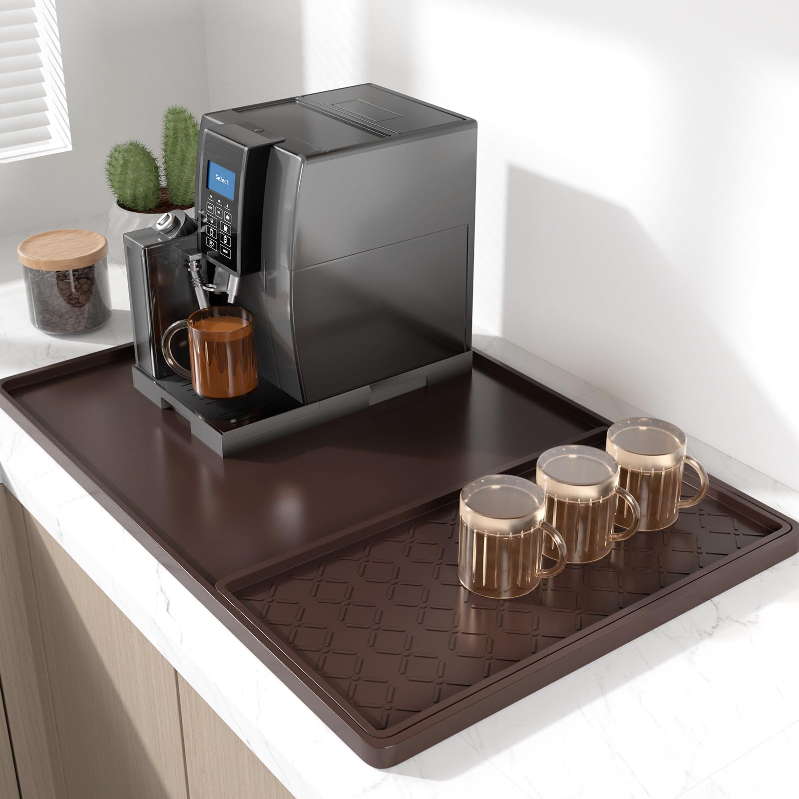 Photo 1 of Rnivvi Silicone Coffee Mat, 16" x 24" Waterproof Raised Edge Coffee Bar Mats for Espresso Machine Station Accessories, Heat Resistant Detachable Dish Drying Pad for Kitchen Counter, Dish Rack, Brown