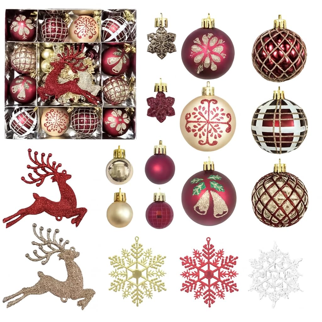 45PCS Christmas Tree Ornaments Set – Burgundy, Gold & Champagne Baubles, 6cm Balls, Reindeer Decorations, Snowflakes, Glitter Hanging Ornaments for Holiday Xmas Tree & Home Décor