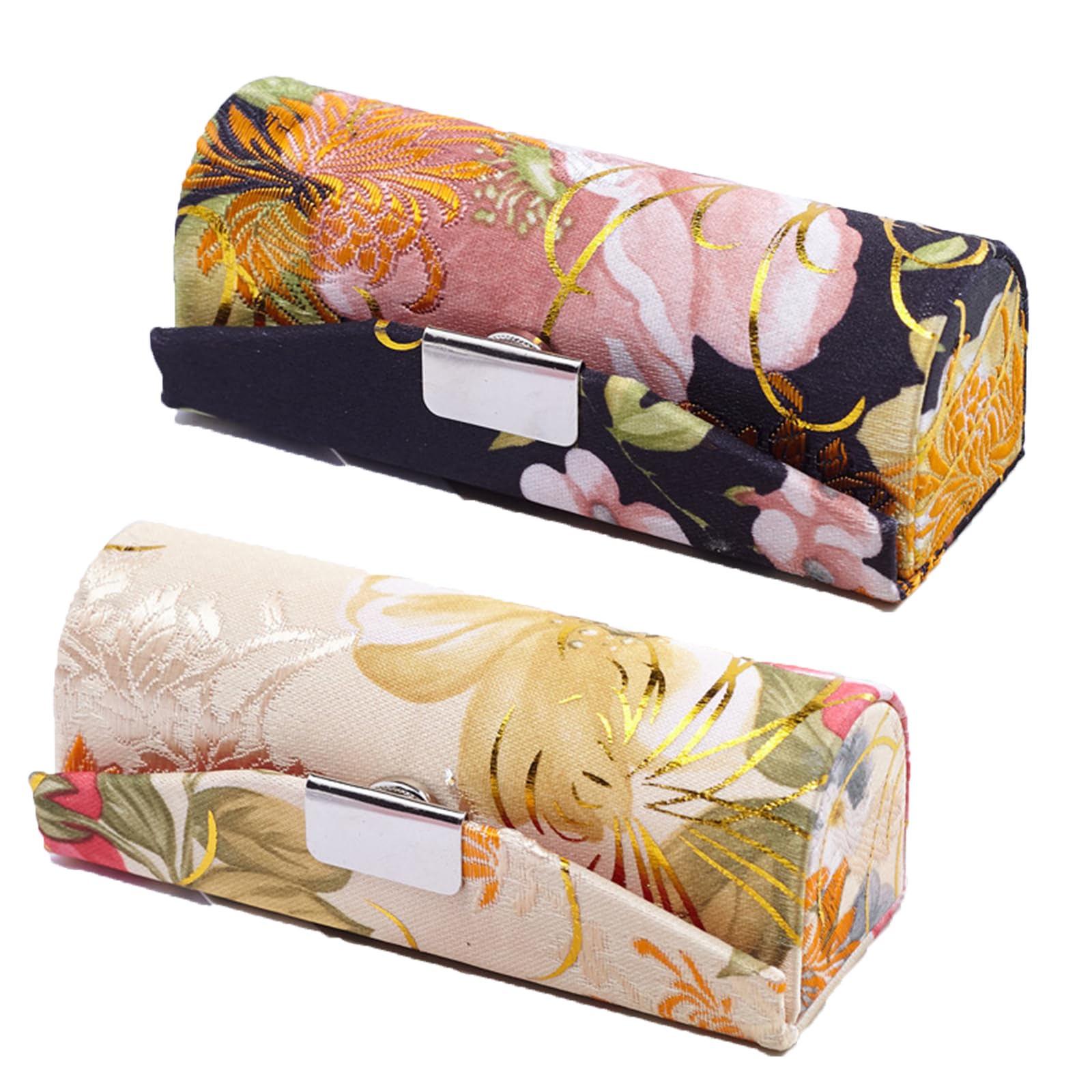 YiJPXinADZ 2-Pack Woven Satin Lipstick Organizer Case with Mirror, Retro Floral Cosmetic Storage Box