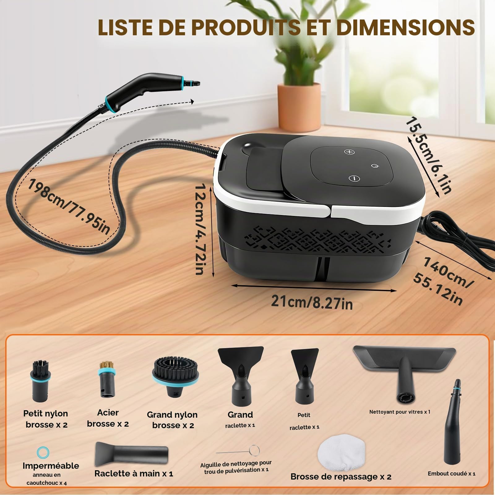 Nettoyeur à main vapeur haute pression 2500 W 4 bar, réservoir de 1250 ml, 6 niveaux, appareil de nettoyage sous pression haute température pour voiture, fenêtres, cuisine, sol, meubles
