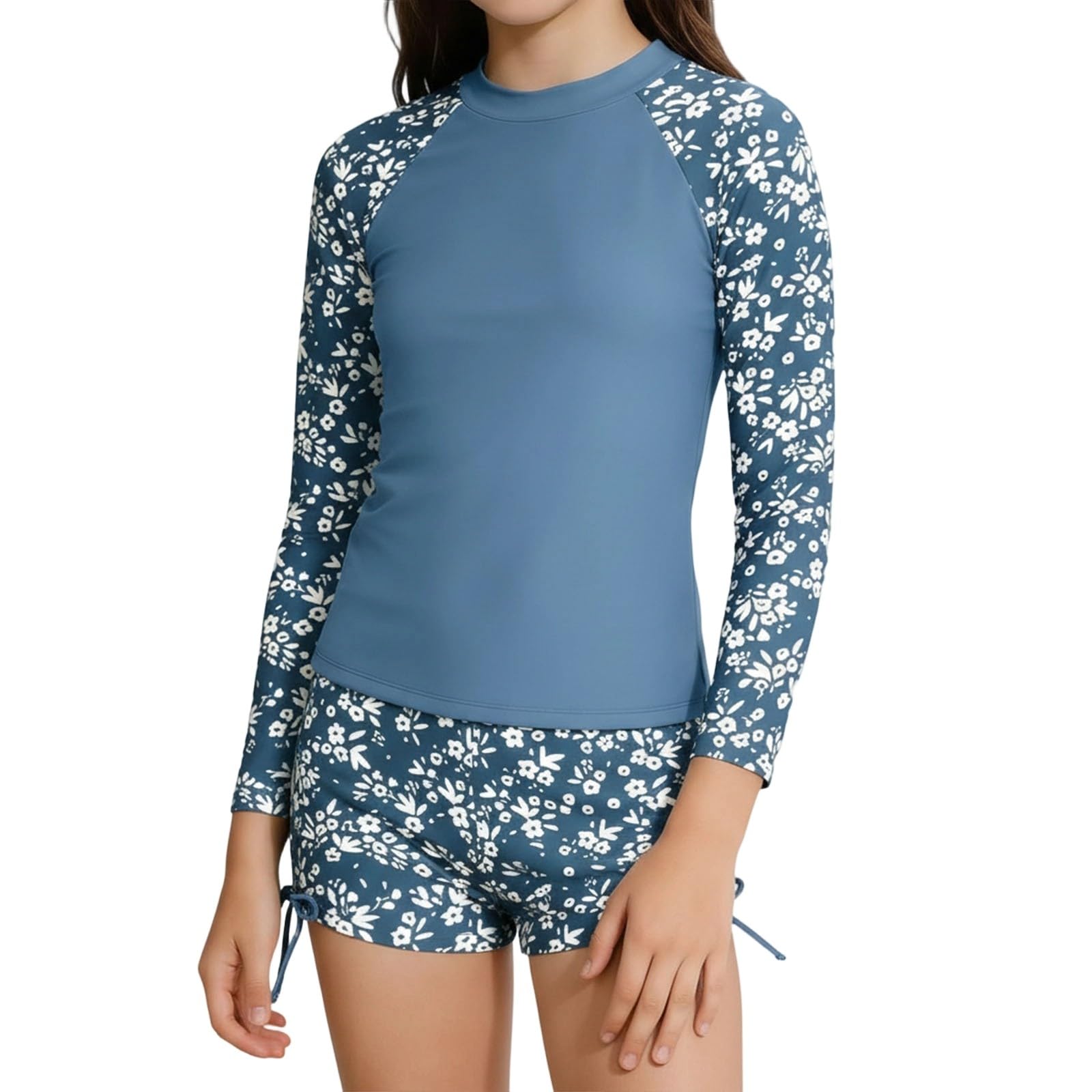 Enfant Fille Maillot de Bain 2 Pièces Anti UV Protection Solaire T-Shirt Manches Longues et Short de Bain 6-14 Ans