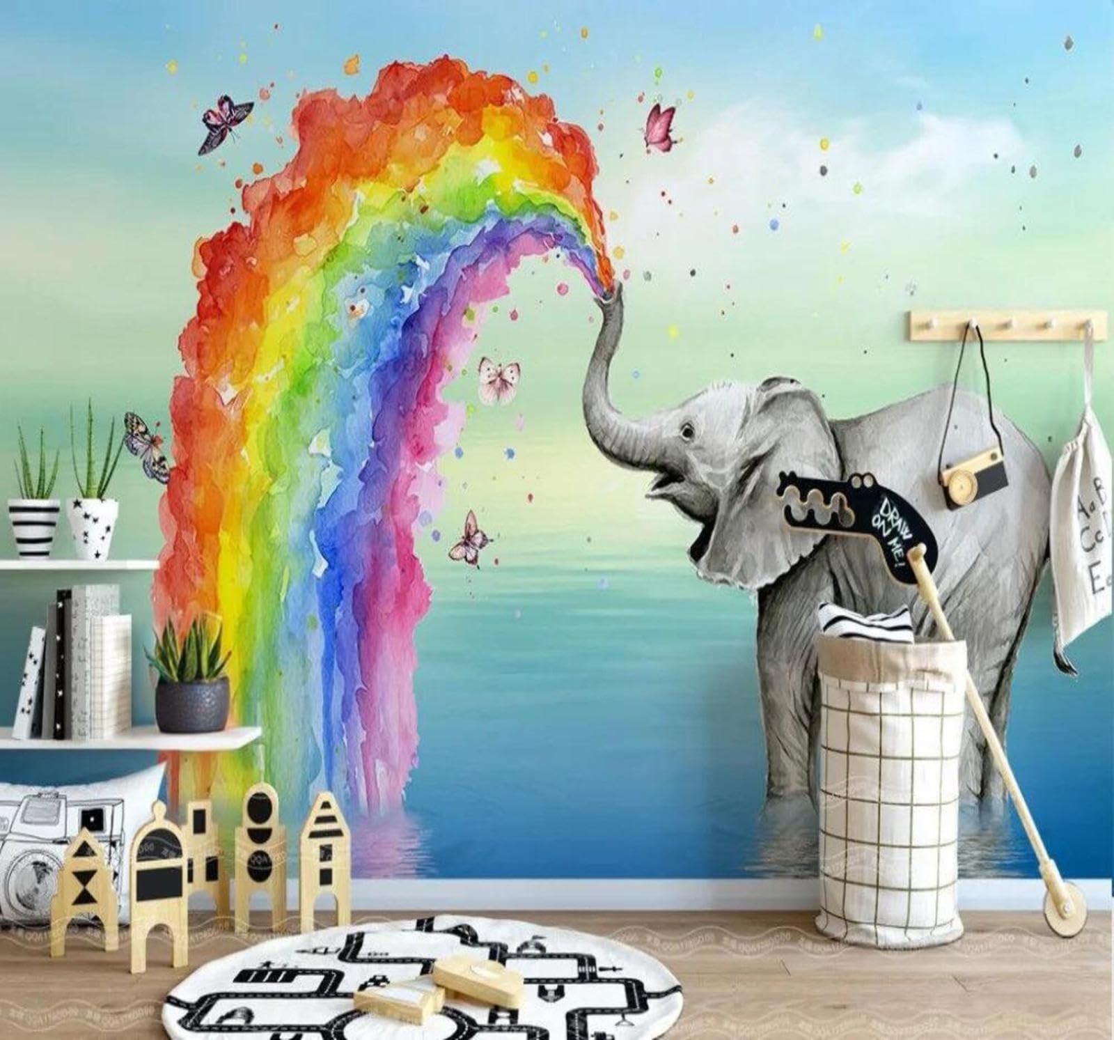 Hand Drawn Cartoon Rainbow Elephant Butterfly 3D Wallpaper Easy Install Feature Office Living Room Sofa Bedroom TV Background Wall Decoration-400cm×280cm