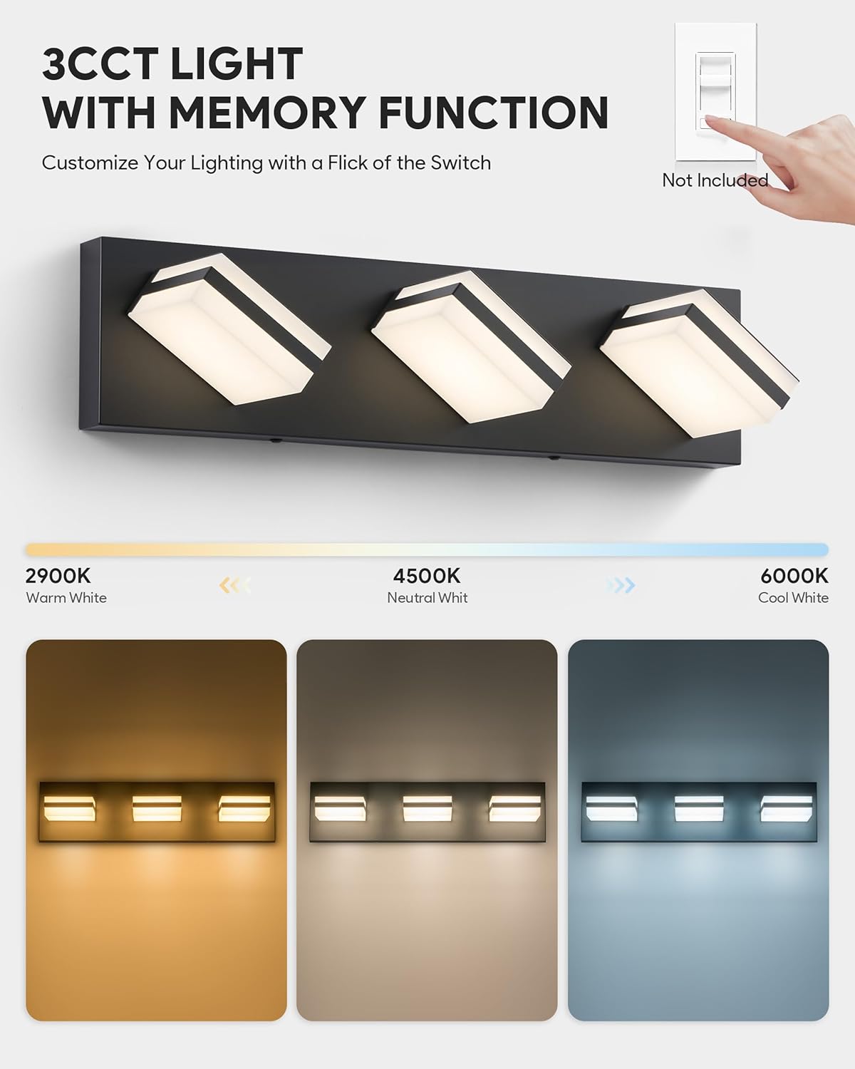 VONLUCE Bathroom Vanity Light Fixture, 3-Light Modern LED Vanity Lights, 3CCT Adjustable Bathroom Light with Memory Function Rotatable Shades, 18" Wall Lighting Fixture Over Mirror, Matte Black