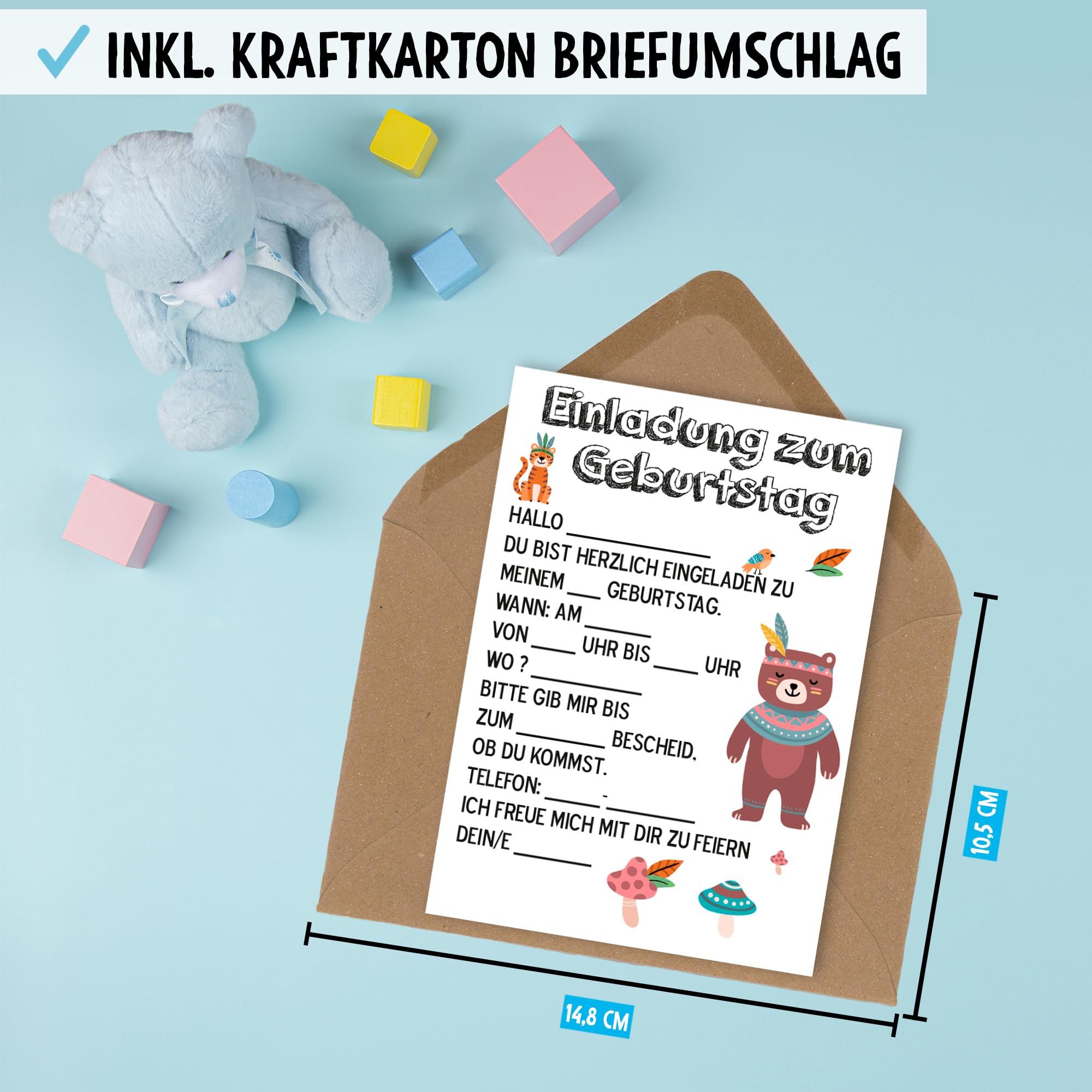 OWLBOOK Bär Boho Braunbär 50 Einladungskarten Kindergeburtstag Junge Mädchen Kinder - Wilde Tiere Geburtstag - Kindergeburtstagseinladungen Wald Tiere Zoo Dschungel Einladungen zum Ausfüllen mit