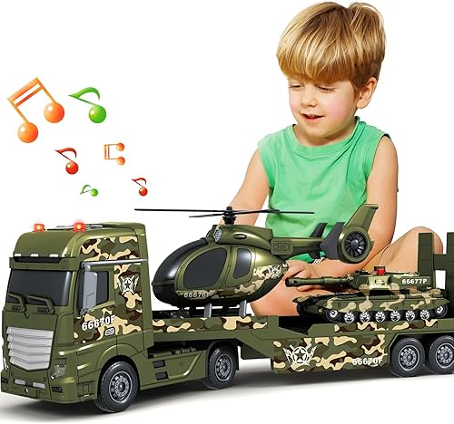 SpringFlower Juguetes para niños pequeños, 3 en 1, camión grande del ejército con helicóptero y tanque, juguete de camión de transporte militar,