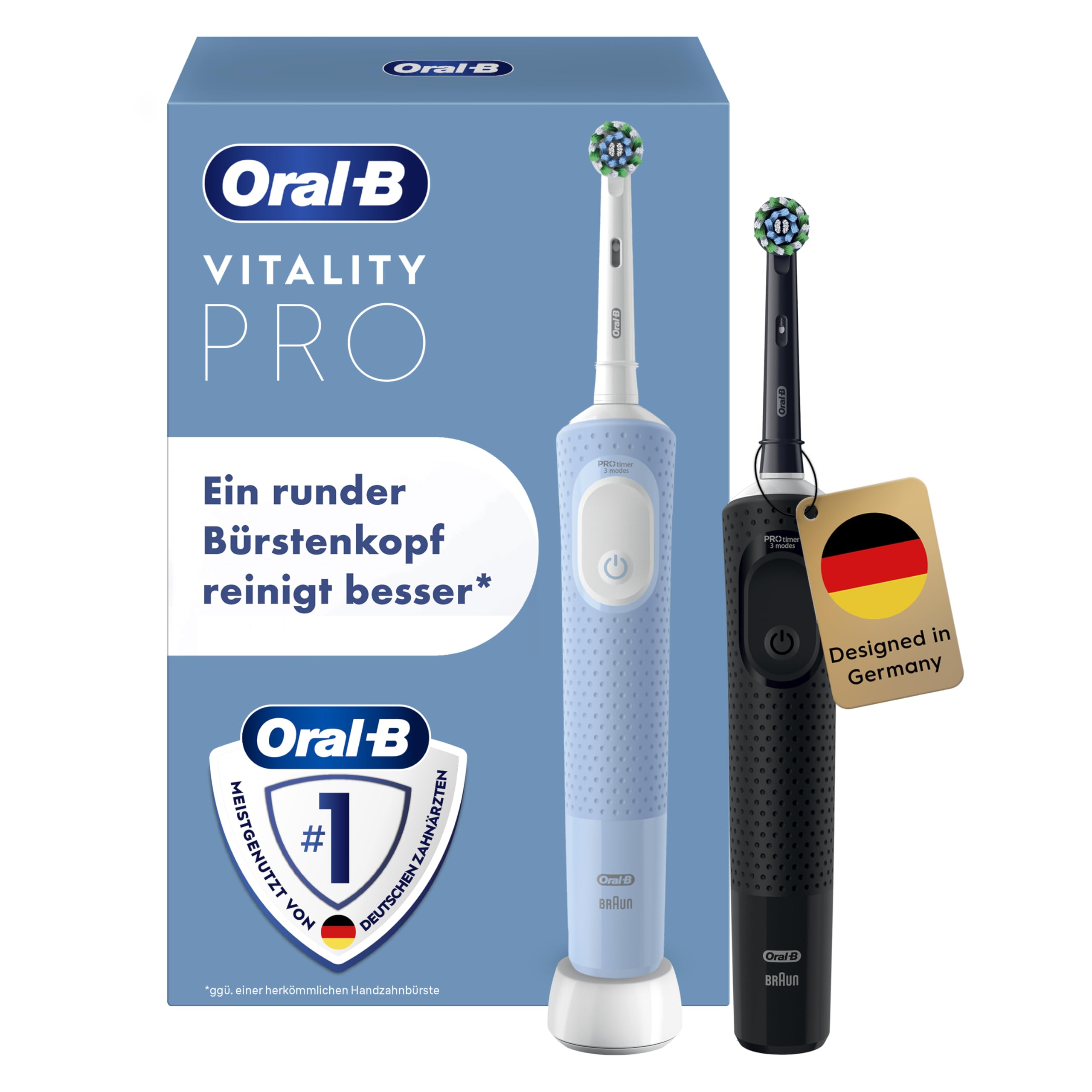 Oral-B Vitality Pro Elektrische Zahnbürste, Doppelpack, Schwarz/Blau | Inkl. 2 Aufsteckbürsten, Electric Toothbrush mit 3 Putzmodi für Zahnpflege