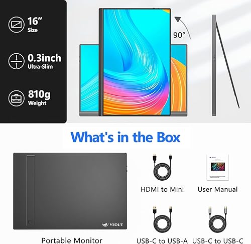 Miniatura 8 de Monitor portátil de 16 pulgadas para laptop, pantalla externa de viaje FHD IPS de 1920 x 1200P, doble USB-C y mini-HDMI, filtro de luz azul para el