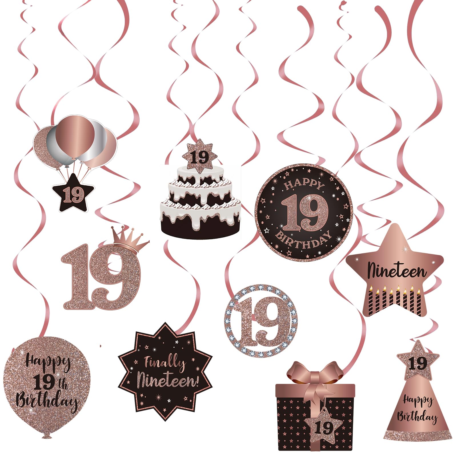 BRT Bearingshui Happy 19th Birthday Party Hanging Swirls Streams Ceiling Decorations, Celebration 19 Foil Hanging Swirls with Cutouts for 19 Years Old Rose Gold Birthday Party Decorations Supplies