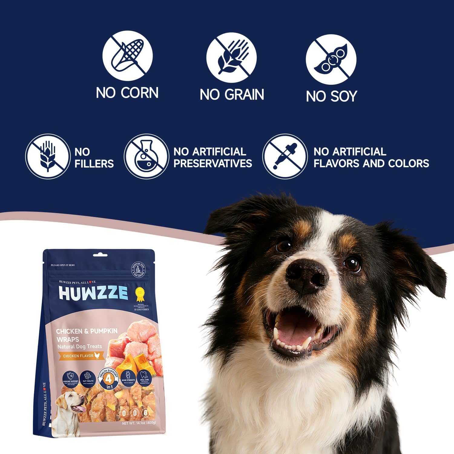 Chicken Wrapped Pumpkin Dog Jerky Treats, Puppy Training Snacks with 4 in 1 Health Support, Easy to Digest, Low Fat & Grain Free, 14.1 oz