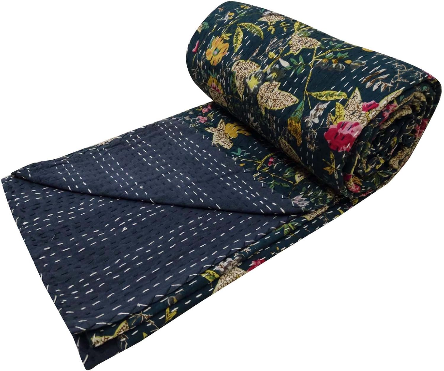 Sophia-Art Floral Print Decorative Blue Cotton Reversible Bedspread Quilt Reversible Gudri Queen Size Throw Bedspread