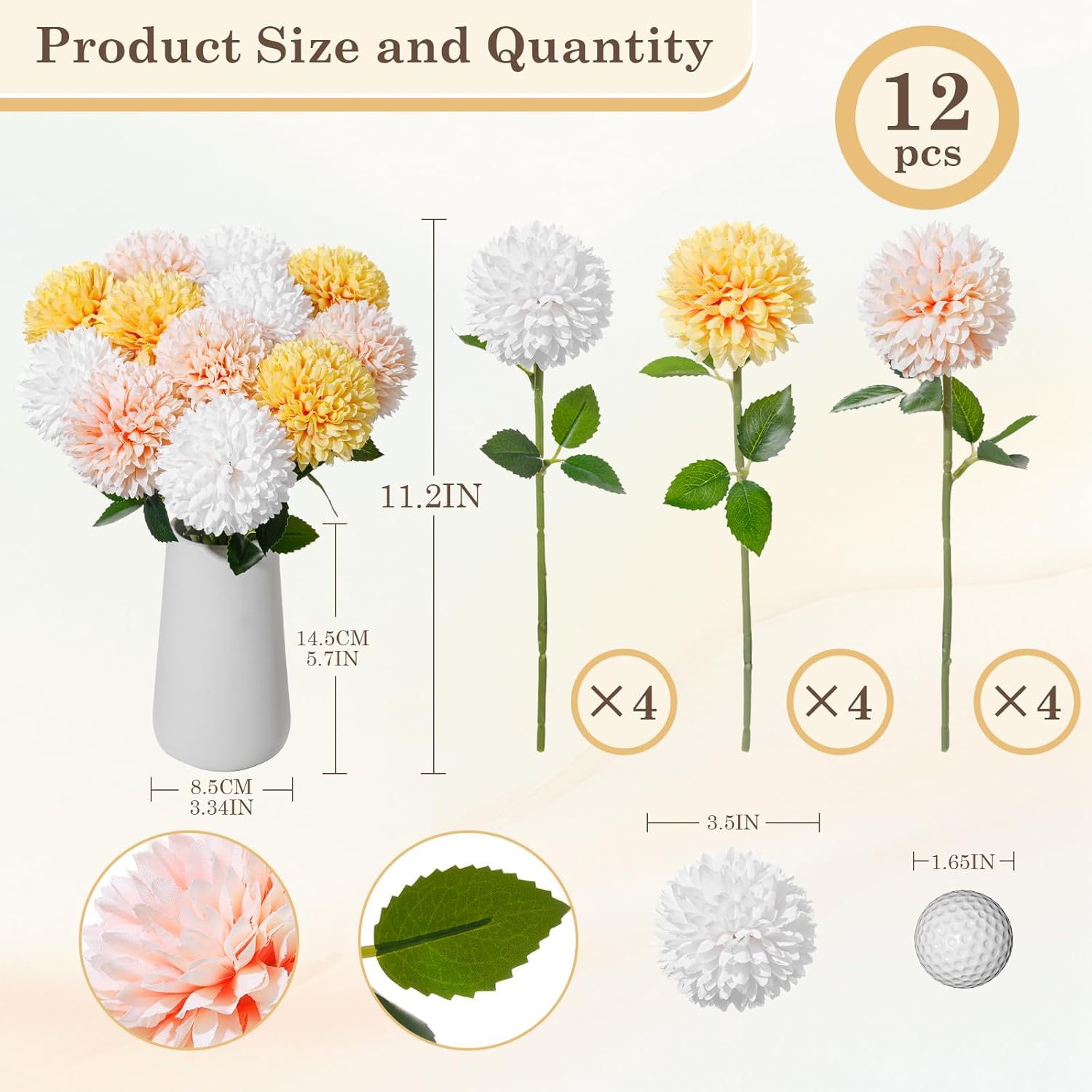 12Pcs Artificial Chrysanthemum Ball Flowers with Ceramic Vase, Faux Silk Mum Floral Arrangement for Table Centerpiece, Spring Home Decor, Wedding, Office, Coffee Display(White+Pink+Yellow)