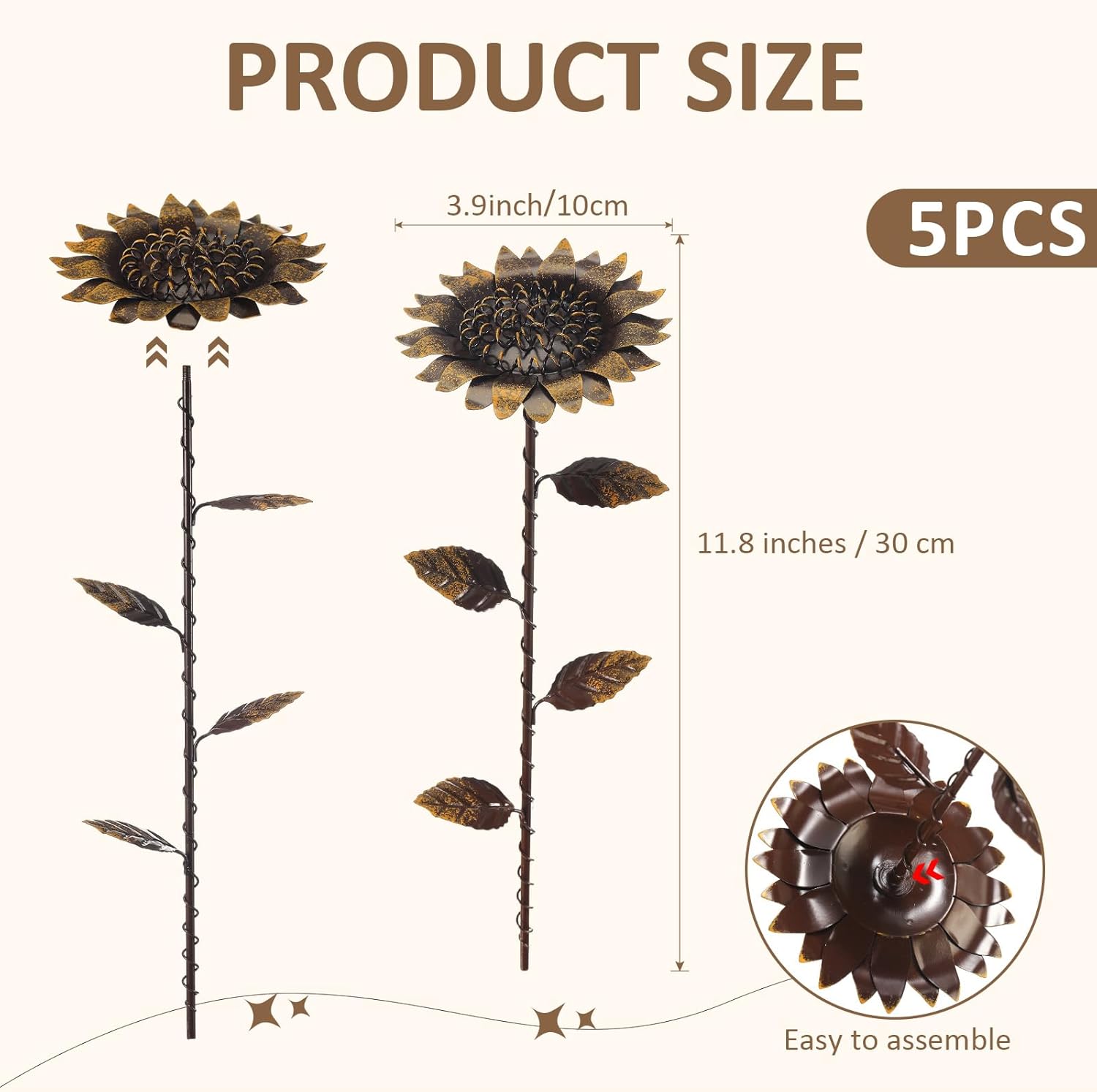 AceOrbit 5 Pcs Rusty Garden Stakes for Outside 11.8" Metal Art Decor Bed Decor Weatherproof 3D Rusty Plant Pick for Farmhouse Outdoor Yard Lawn Patio Walkway Pathway Decoration (Sunflower)