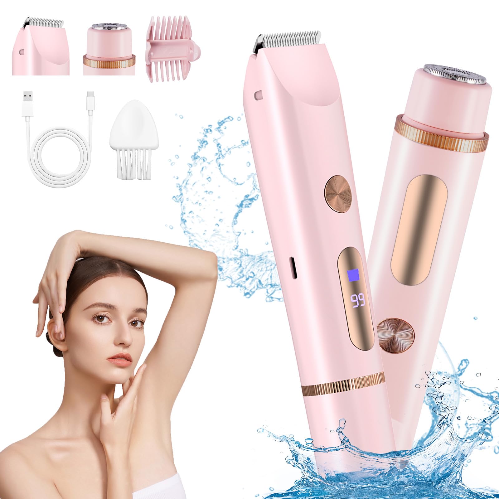 Rasoio Elettrico Donna,2 in 1 Rasoio Donna Elettrico,Epilatore Elettrico,Rasoio Elettrico Parti Intime,con Display LED,Uso Bagnato e Asciutto,IPX7,per Bikini Ascelle Gambe Braccia E Viso