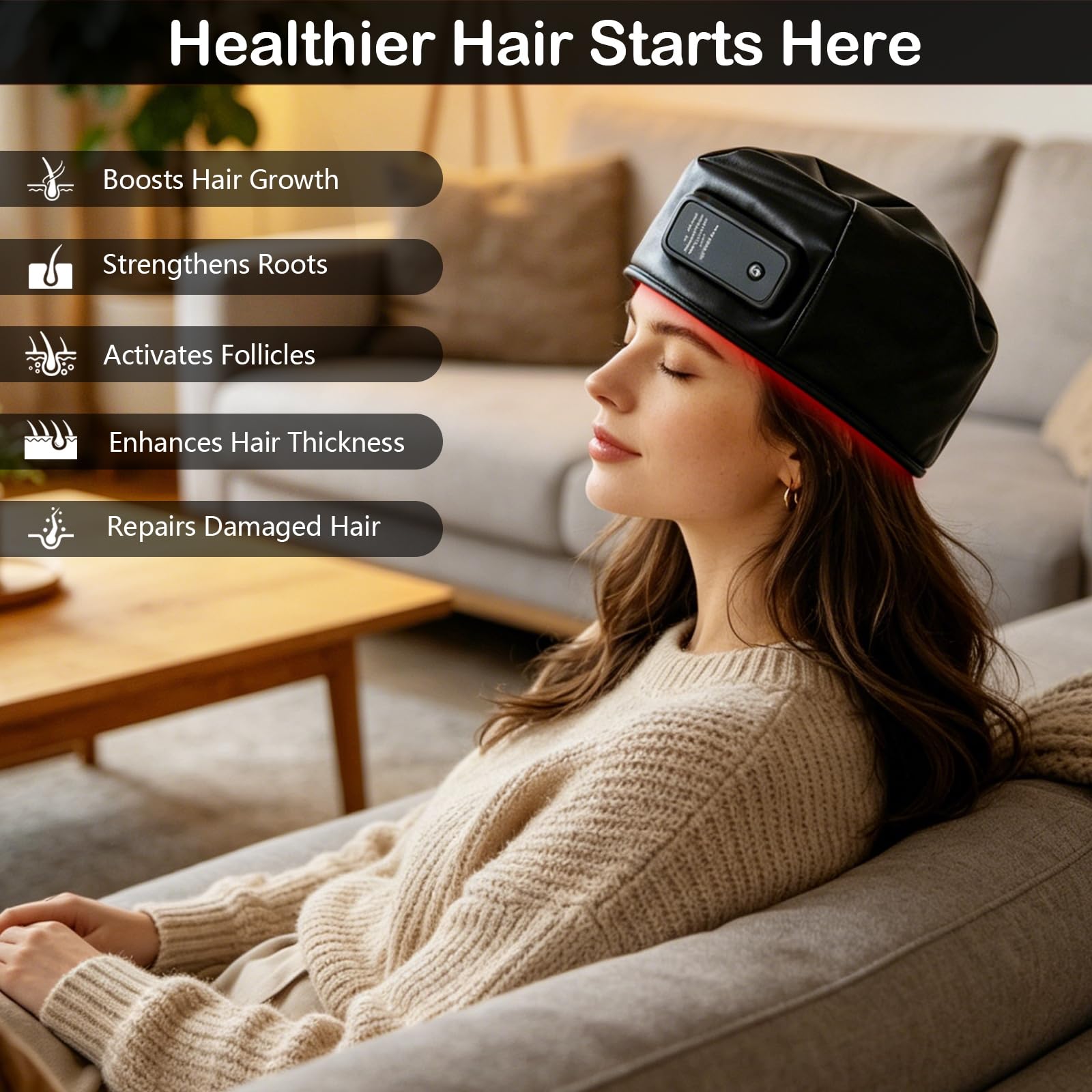 Gorra de Terapia de Luz Roja de Cuero Mejorada, 120 LED 660 nm y 850 nm, Batería 1800 mAh USB-C, Gorra LED para el Cuidado del Cuero Cabelludo y Cabello Fino