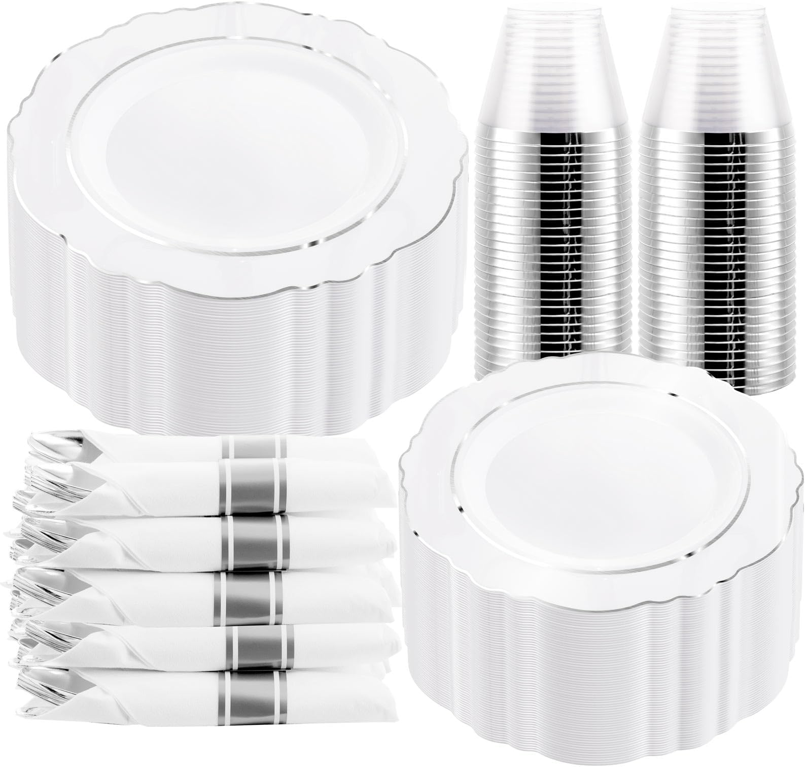 WDF Partyware350Pcs Silver Plastic Plates with Disposable Silverware and Cups, include: 50 Dinner Plates 10.25”, 50 Dessert Plates 7.5”, 50 Silver Rim Cups 9 OZ, 50 Pre Rolled Napkins Packed in