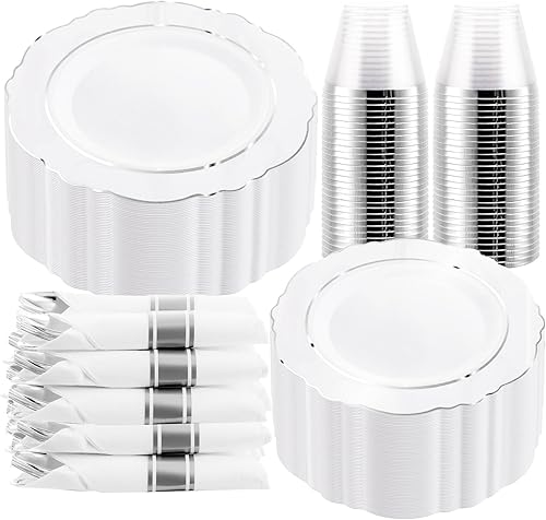 Miniatura 1 de WDF Partyware 350 platos de plástico plateado con cubiertos desechables y vasos, incluyen 50 platos llanos de 10.25 pulgadas, 50 platos de postre de