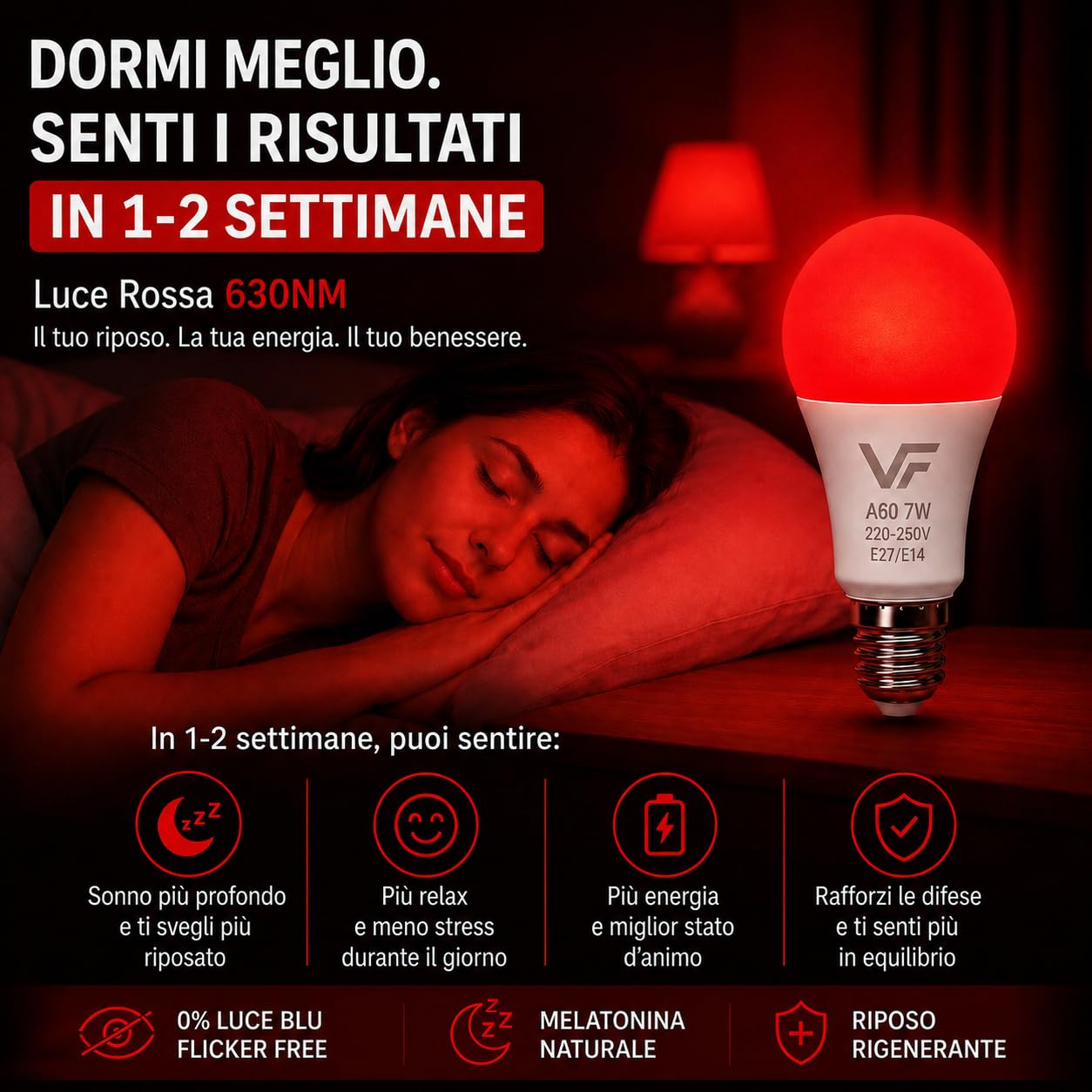 Pack2 Lampadina LED notturna, melatonina rossa 625nm, attacco E27+E14-2 in 1 - Adattatore incluso - Lampadina rossa da 7W per la terapia del sonno - 0% luce blu - Senza sfarfallio