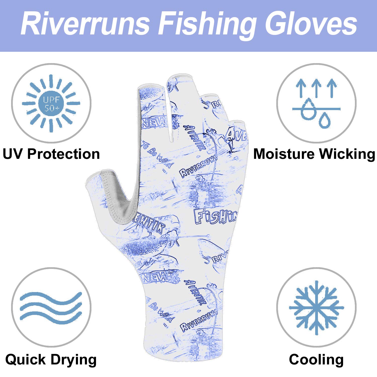 Riverruns Los Guantes de Pesca sin Dedos están diseñados para la Pesca, el Barco, el Kayak, el Senderismo, la Carrera, el Ciclismo y la conducción.