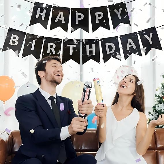 Black Happy Birthday Banner,Pre-Strung Black and Silver Birthday Party Decorations,16ft Hanging Sign for Kids, Girls, Boys, Women No DIY, Backdrop Supplies