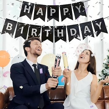 Black Happy Birthday Banner,Pre-Strung Black and Silver Birthday Party Decorations,16ft Hanging Sign for Kids, Girls, Boys, Women No DIY, Backdrop Supplies