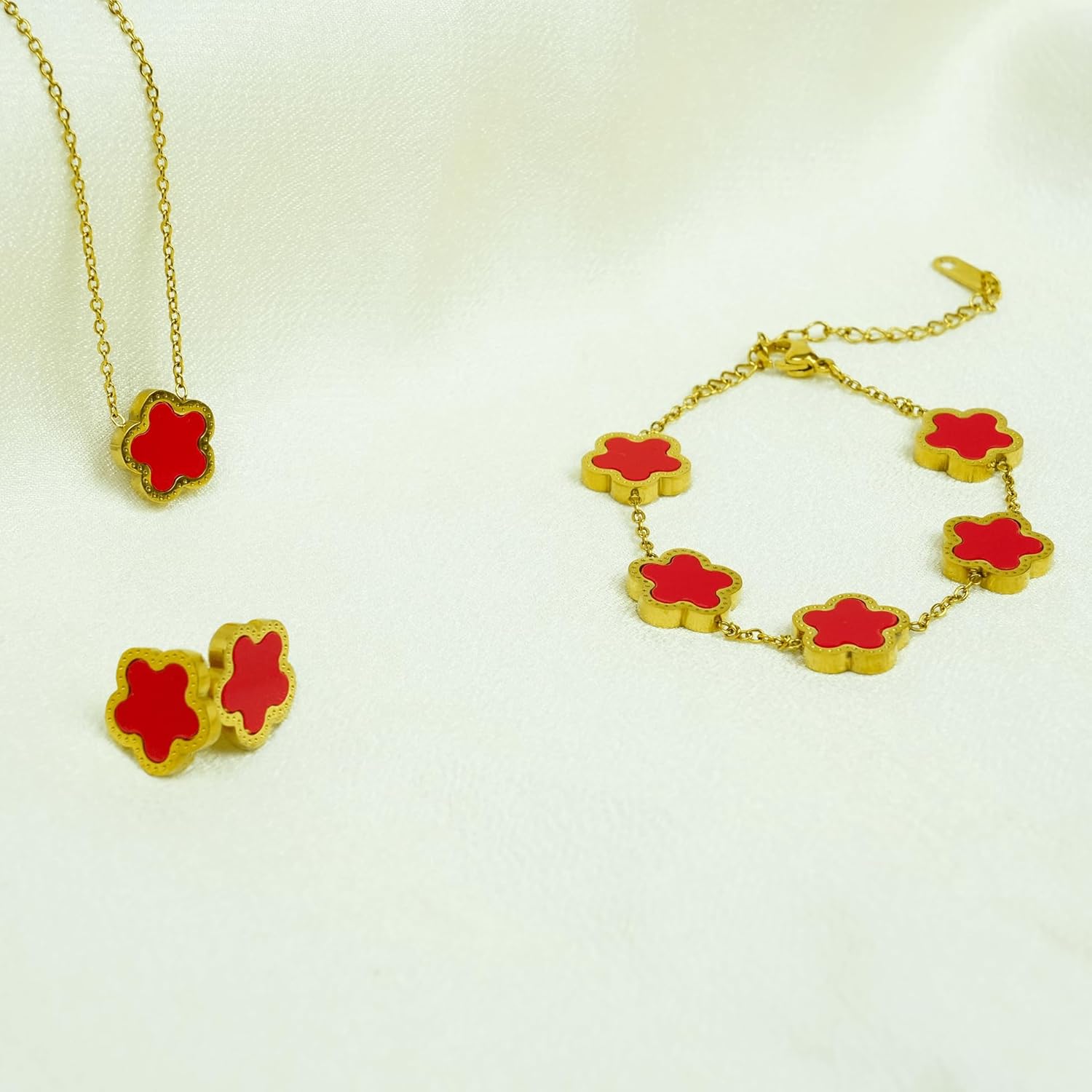 Five Leaf Clover Jewelry Set for Women | 18K Gold Plated Bracelet Necklace Earrings | 5 Leaf Lucky Pendant and Ear Studs for Her - Image 5