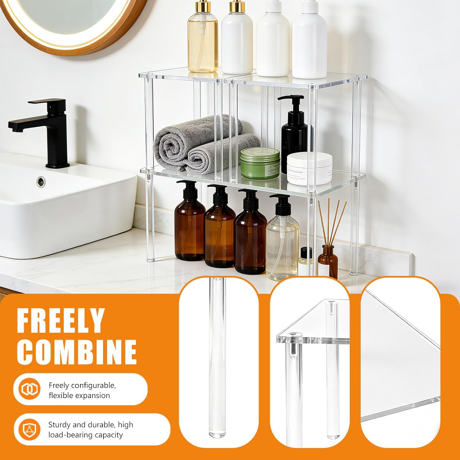 3 PCS Acrylic Corner Countertop Organizer, 2-Tier Adjustable Stackable Shelves(1 Large 2 Small), Clear Storage Rack for Kitchen Bathroom Cabinet Tabletop Coffee Bar and Spice