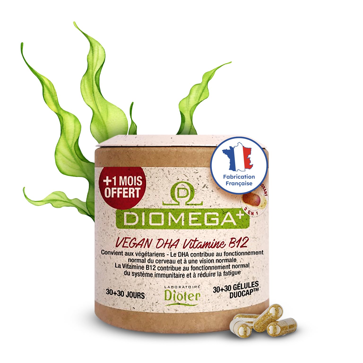 Dioméga Équilibre Cérébral, Oméga 3 végan, DHA d’Algues + Vitamine B12 – Complément Alimentaire végan - Mémoire, Concentration, Vision & Système Nerveux - 60 Gélules