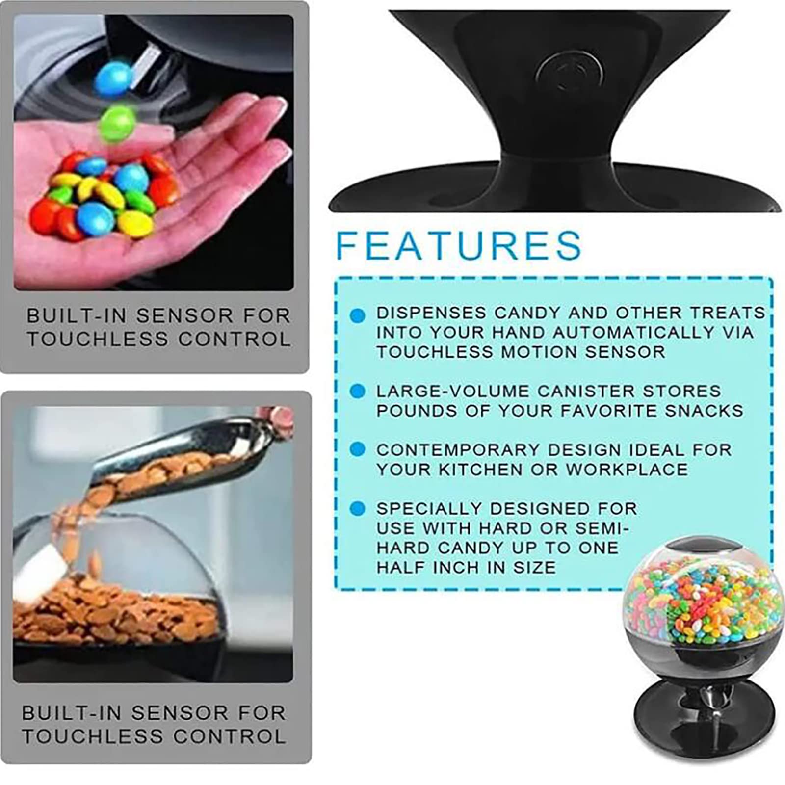 Distributore automatico di caramelle, macchina per dolci attivata al tocco, contiene 1000 ml di capacità, altezza 260 mm, facile da usare, perfetto per gomme da masticare, noci e snack
