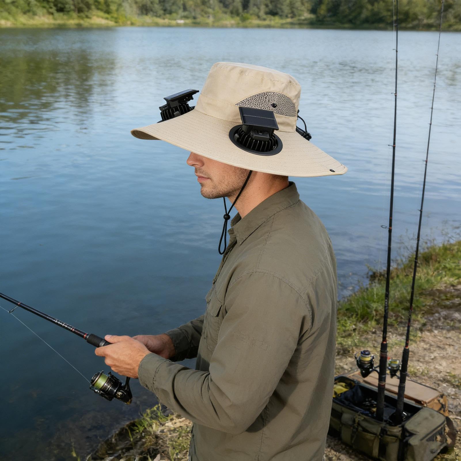 Gorra con Ventilador Solar - 4 Ventiladores y ala Ancha Protección Solar | Sombrero para Hombre | para Pesca, Senderismo, Jardinería, Viajes, Playa, Golf, Paseos en Bote, Trabajo en
