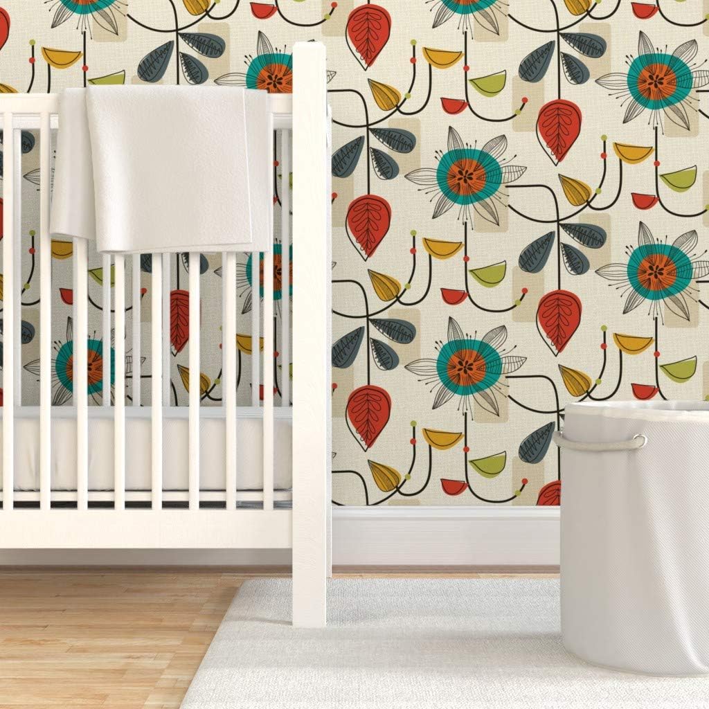 Spoonflower Peel & Stick Wallpaper 3ft x 2ft - 1950 Mid Century Modern, Retro, Vintage, Classy, Floral,Cream, Blue, Red, Block, Geometric, Custom Removable Wallpaper